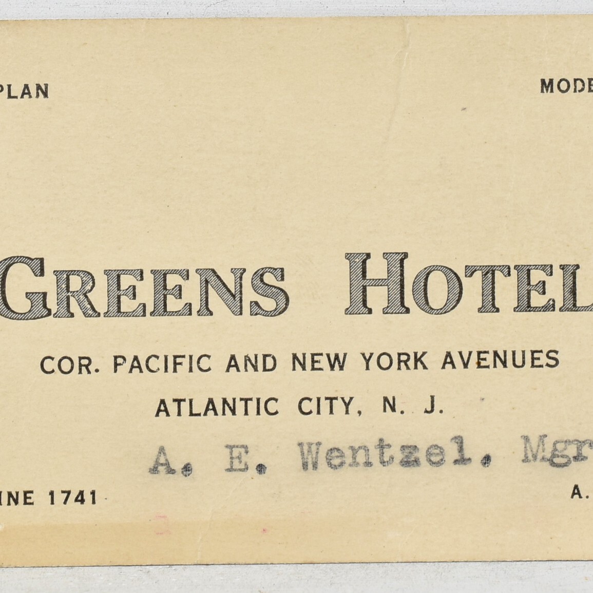 1940s Greens Hotel A.E. Wentzel Manager Pacific New York Avenue Atlantic City NJ