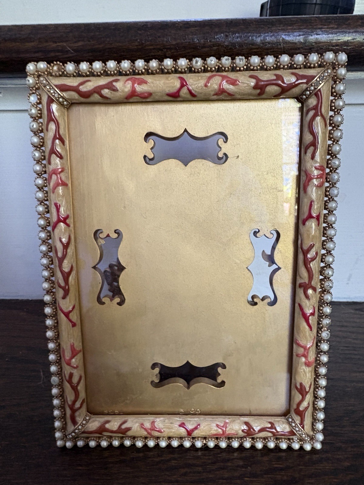 Jay Strongwater Coral Cream/Red Enamel Photo Frame Marbled/Edged w/Faux Pearls