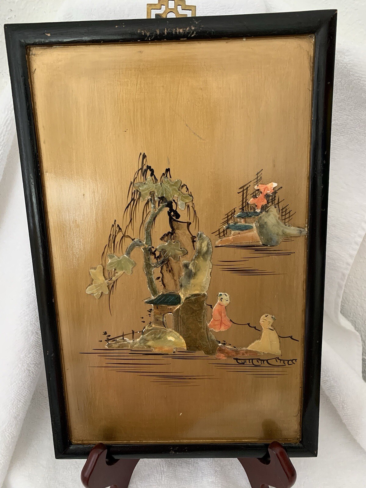 Vintage Chinese Art With Natural Stone On wooden Panel, 8”X13” Vintage Chinese Art With Natural Stone On wooden Panel, 8”X13”