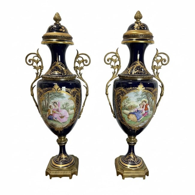 Pair Chateau des Tuileries Cobalt Blue Porcelain Urns Bronze Mounted Garrand