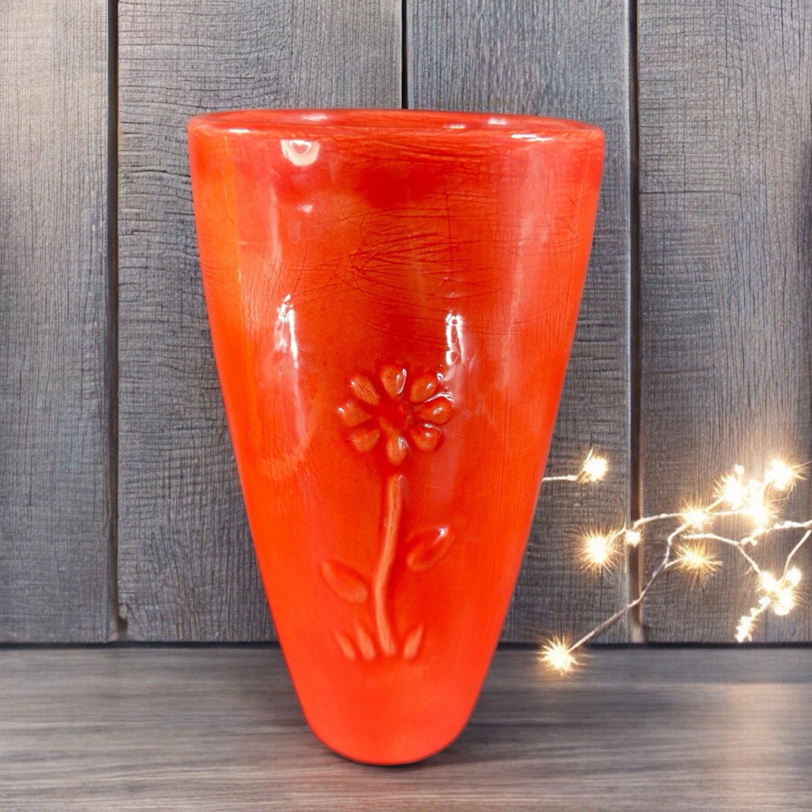 Antique Tall Pottery Vase Embossed Flower USA Hand Made Vase Vessel Orange Red Antique Tall Pottery Vase Embossed Flower USA Hand Made Vase Vessel Orange Red