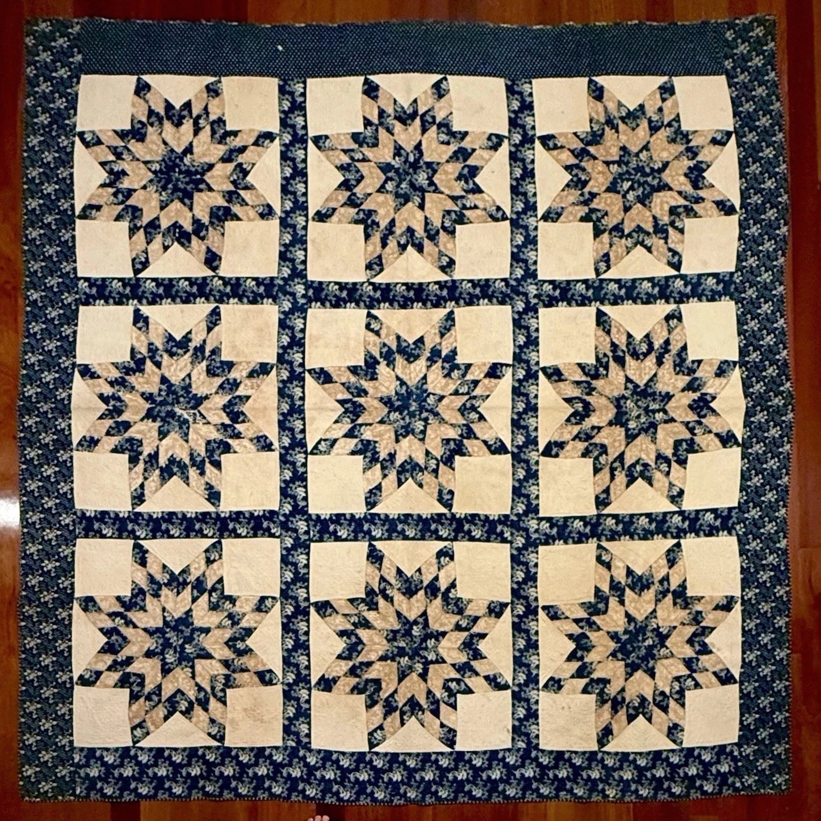Antique 19th Century Indigo 9 Lone Star Quilt 1800s Hand Quilted Signed 89 x 86