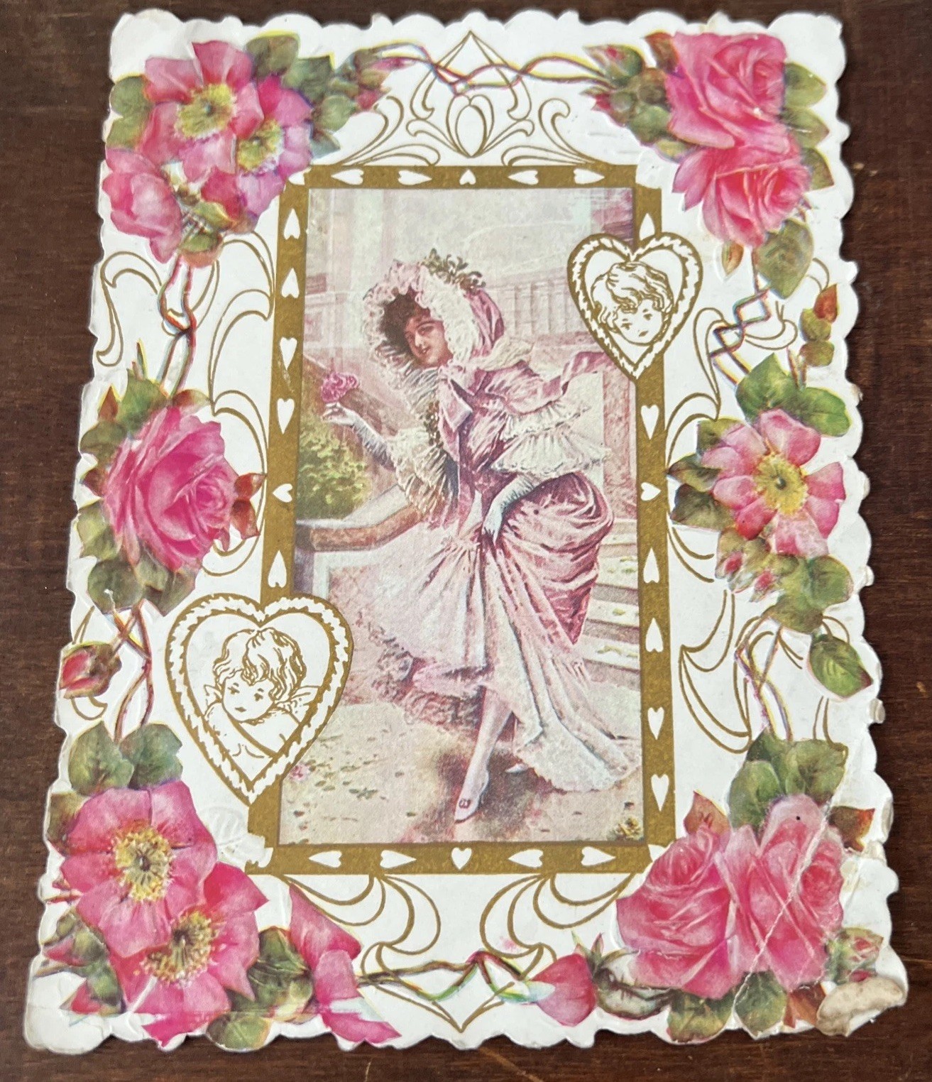 Antique Circa Valentine Card Die Cut Flowers Cupid Little Girl