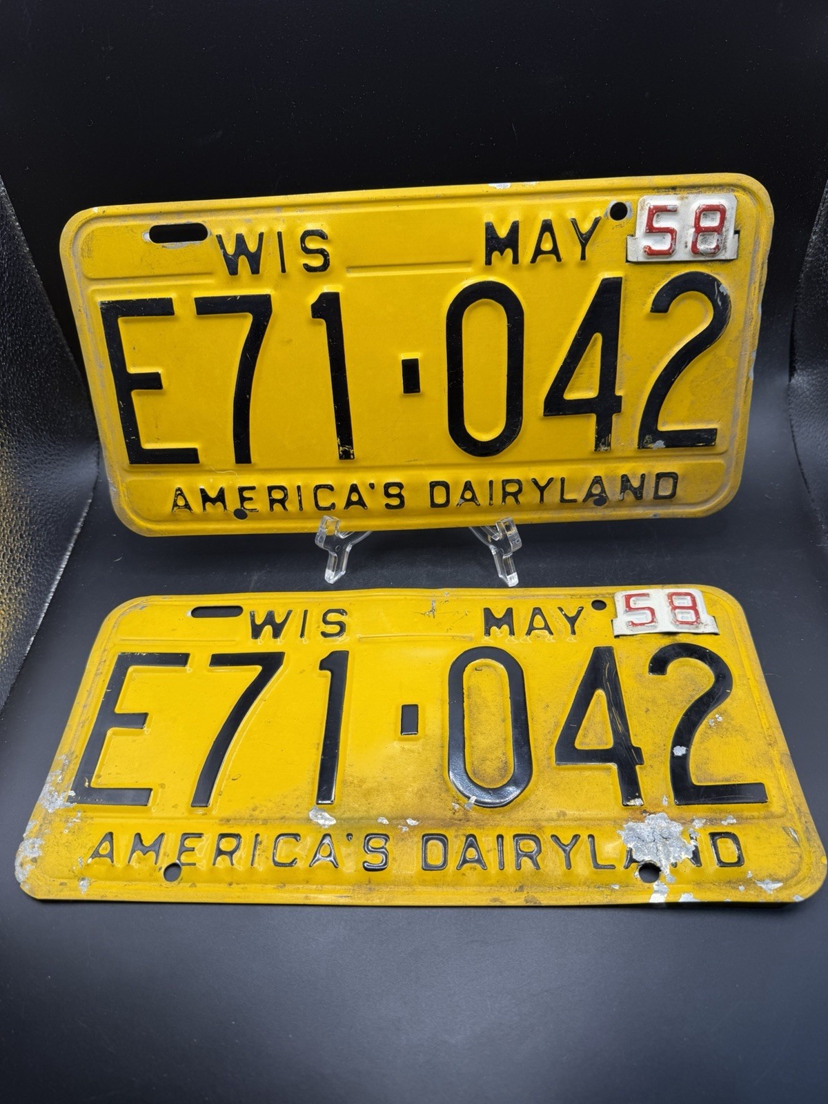 Vintage 1958 Wisconsin License Plates Pair E71-042 Yellow Tabbed Dairyland