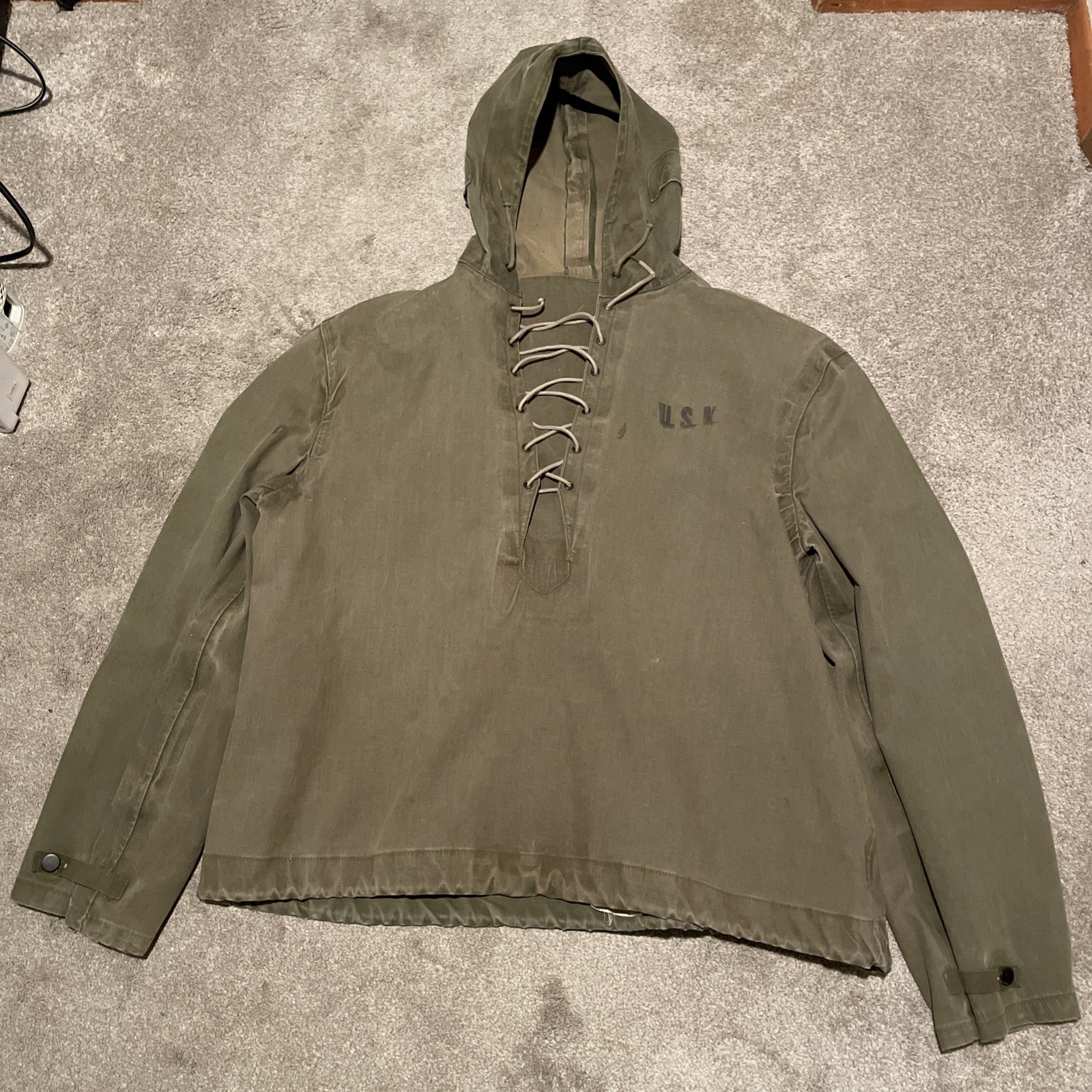 VTG 1940s WW2 USN Navy Parka Anorak Jacket Foul Weather Smock Pullover Hood