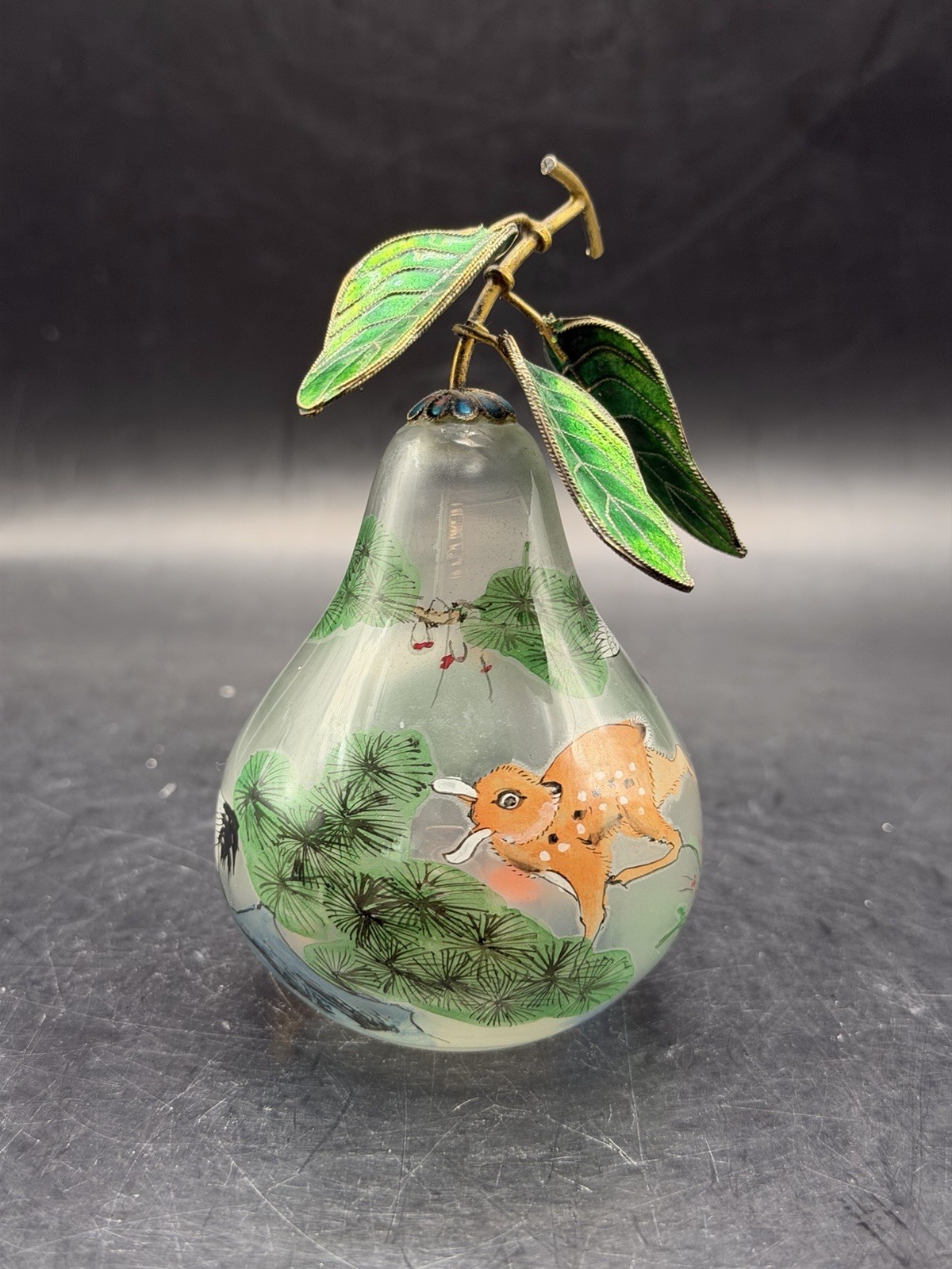 VTG Super RARE Chinese Reverse Painted Pear Blown Glass Dear Birds Trees GLOWS VTG Super RARE Chinese Reverse Painted Pear Blown Glass Dear Birds Trees GLOWS