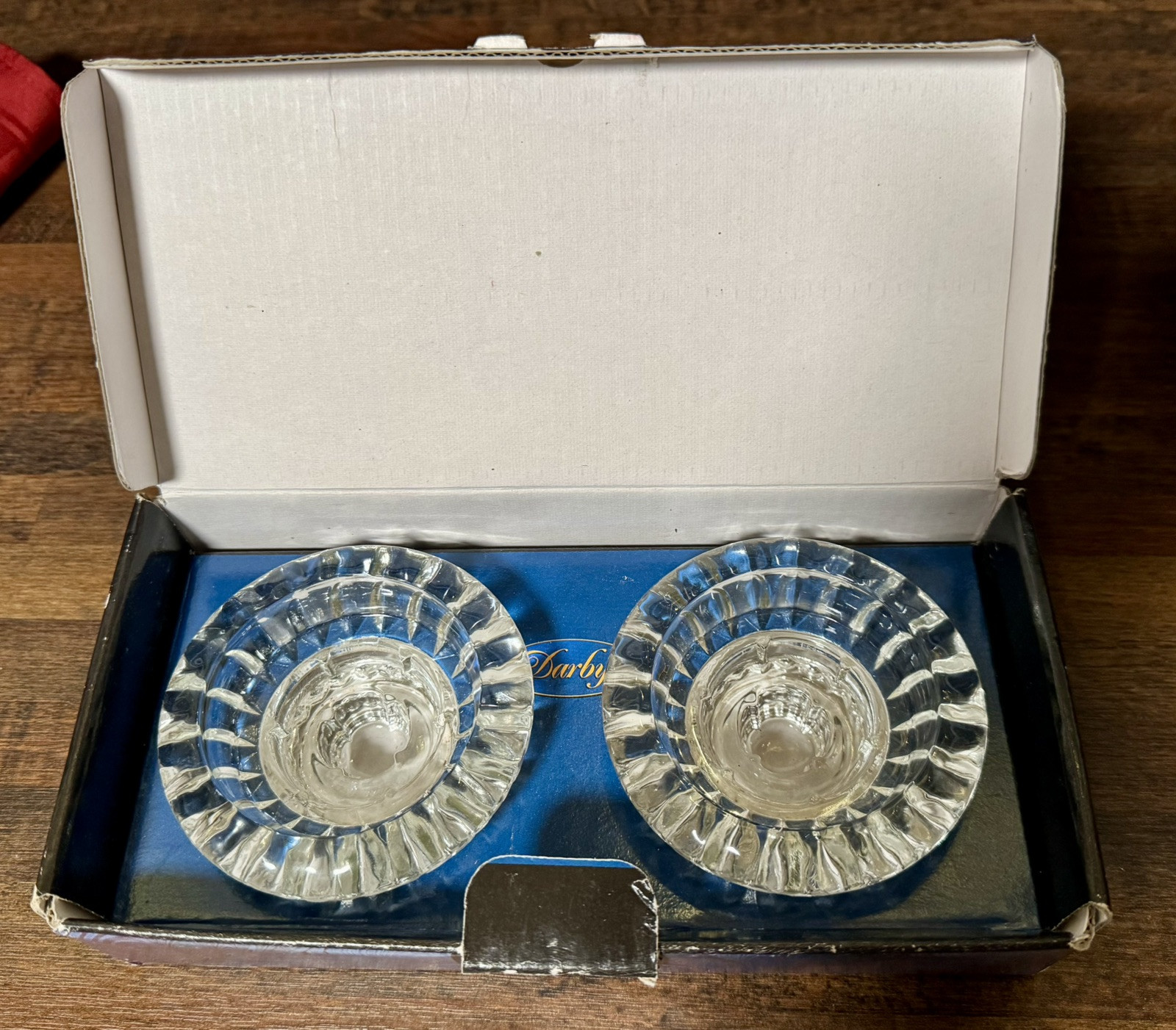 NIB Vintage Darby Crystal Candlestick Holder Pair 3 1/2” Wide