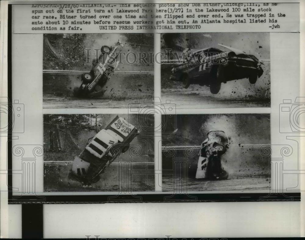 1960 Press Photo Don Bither in car crash at Lakewood Park race in Atlanta Ga