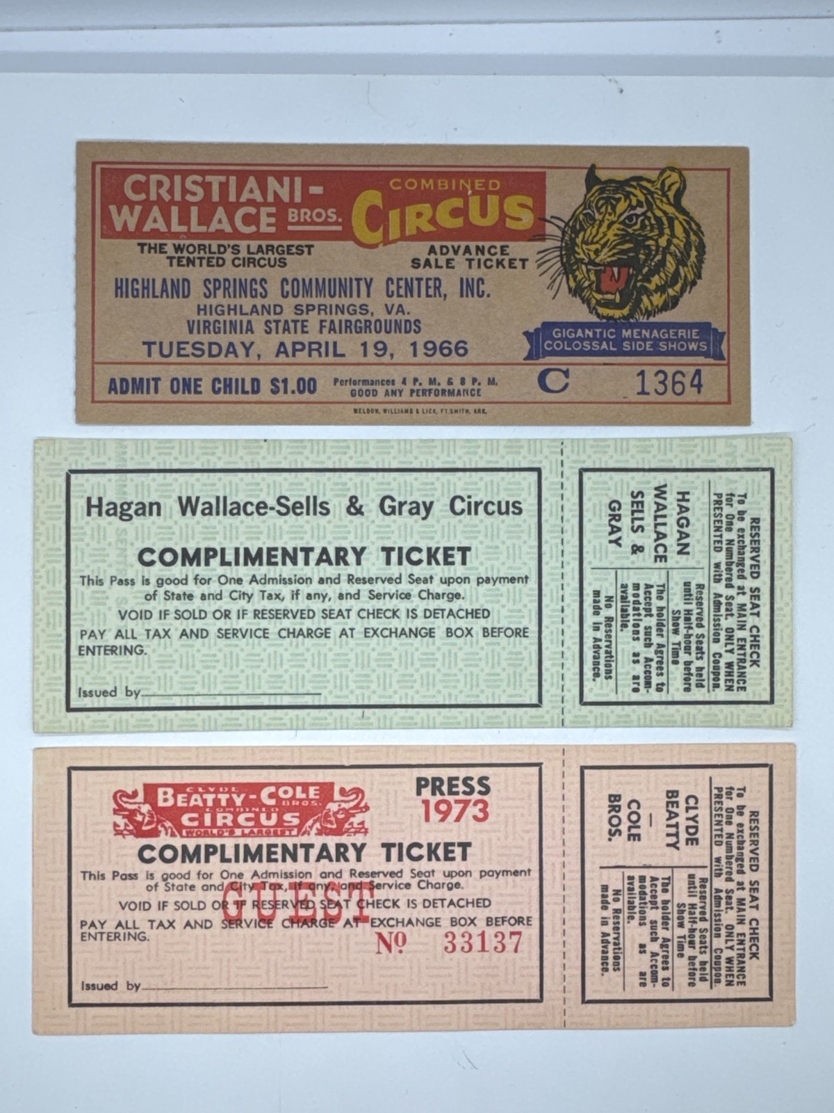 Vintage Circus Tickets Lot 1966–1973 Cristiani Wallace Beatty Cole Complimentary