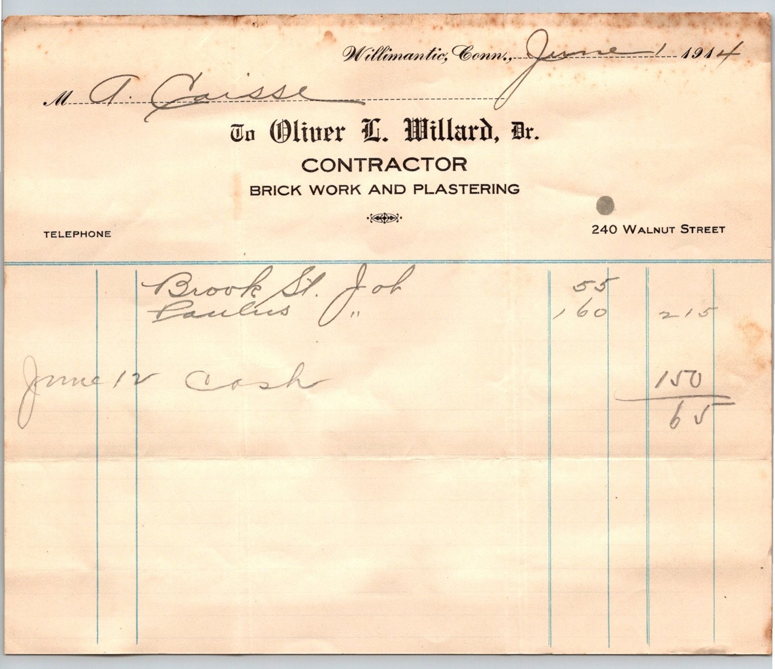 1914 Willimantic CT M. A. Caisse Contractor Invoice Oliver L. Willard Brick Work 1914 Willimantic CT M. A. Caisse Contractor Invoice Oliver L. Willard Brick Work