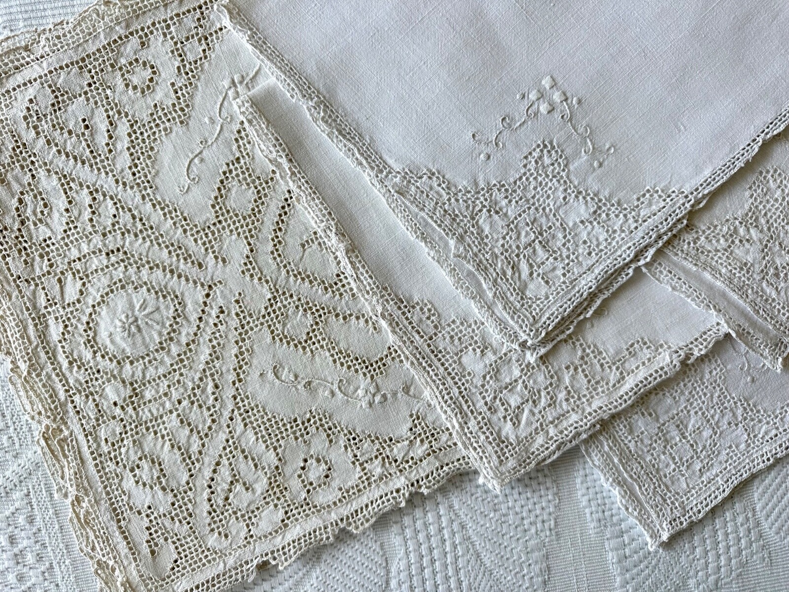 4 Vintage Italian Table Mats +4 Serviettes Punto Tirato Lace Drawnwork LINEN