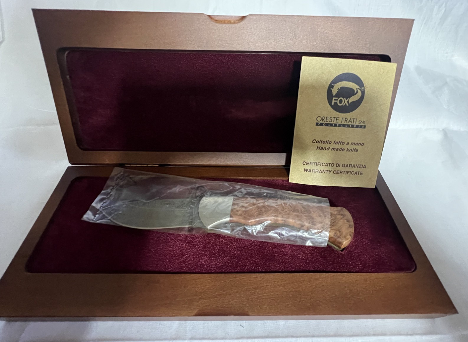 Fox Damascus Lockback Folding Handmade Knife in Wood Case New Made in Italy