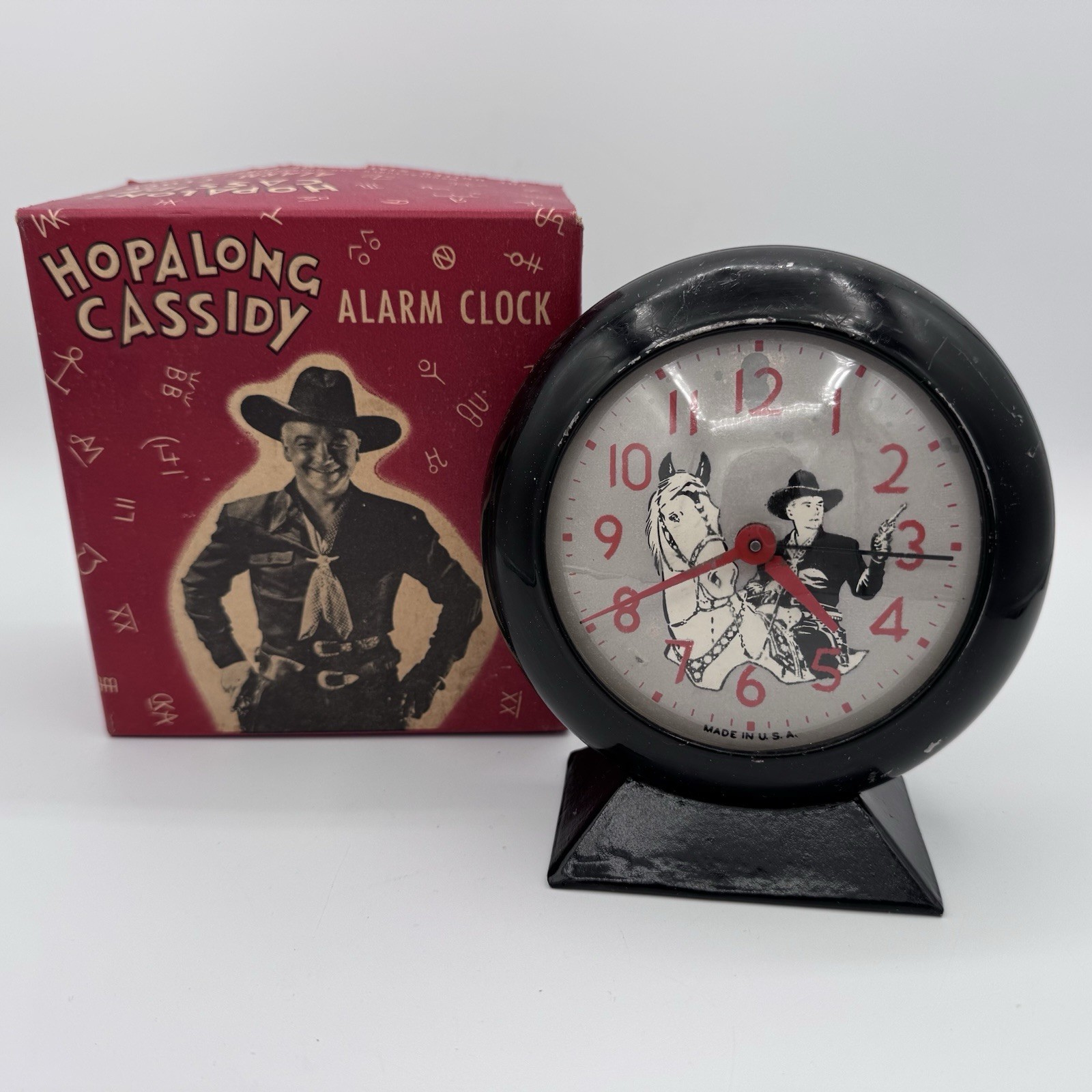 Vintage HOPALONG CASSIDY ALARM CLOCK & ORIGINAL BOX Circa 1950s Works (Video)