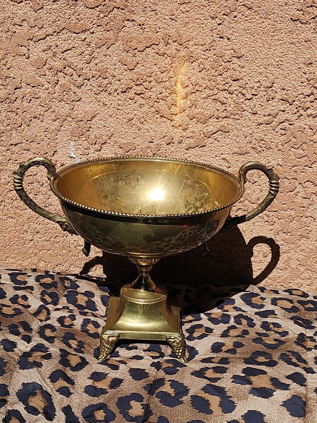 Solid Brass Pedestal Centerpiece Bowl Grapevine Design w Handles Andrea Sadek 