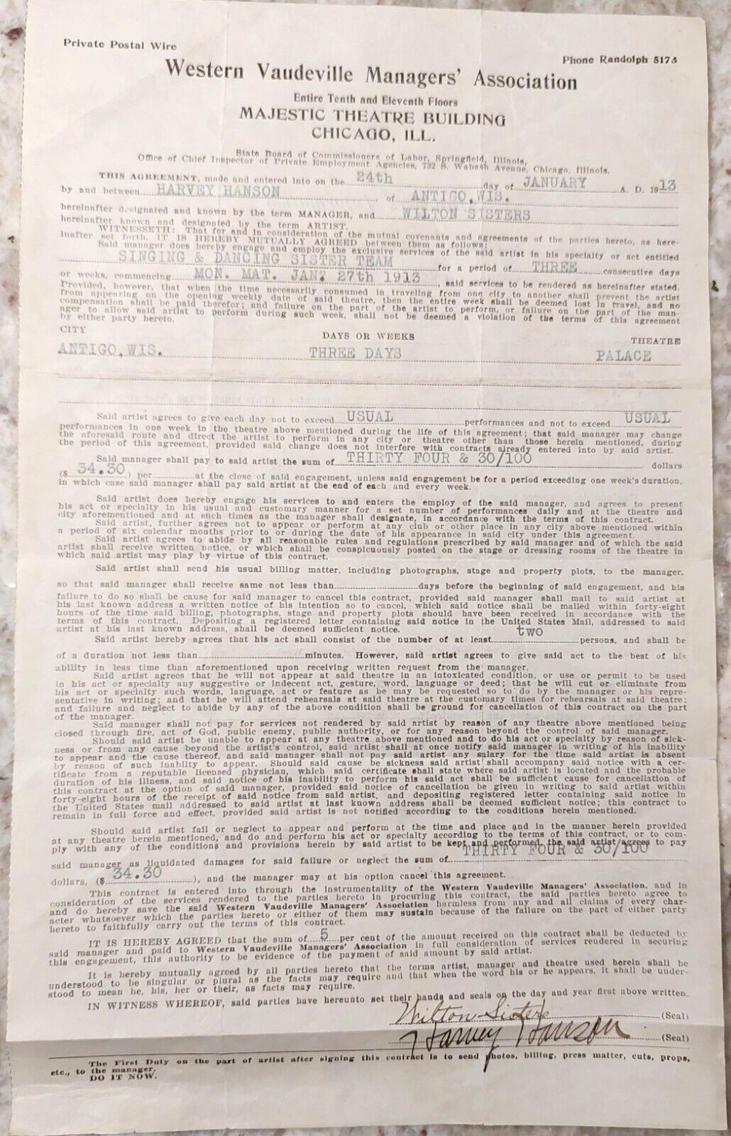 1913 Western Vaudeville Managers Assn Contract Wilton Sisters Antigo WI Vintage 1913 Western Vaudeville Managers Assn Contract Wilton Sisters Antigo WI Vintage