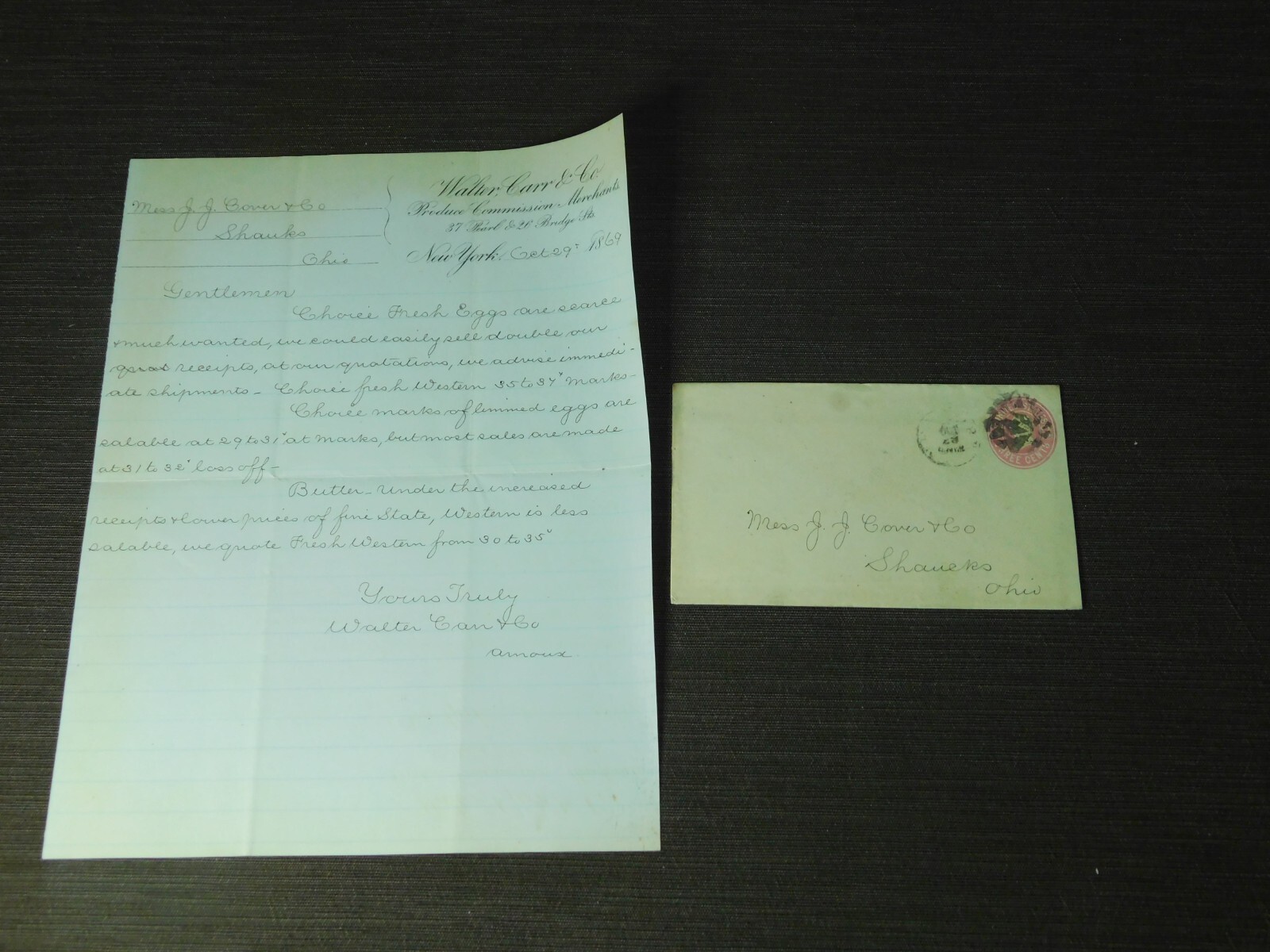 VINTAGE 1869 WALTER CARR & CO PRODUCE COMMISSION MERCHANTS NY LETTER &  ENVELOPE