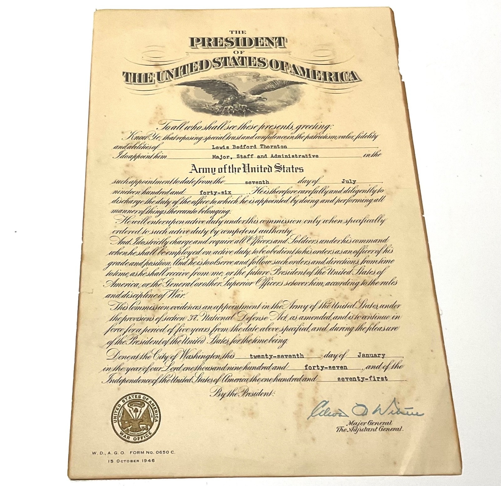 1947 US Army Officer Commission Certificate Major Lewis Bedford Thornton Truman
