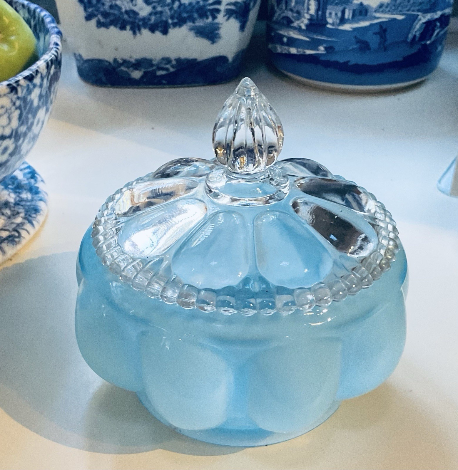 Vintage Fenton Powder Blue Cased Glass Melon Powder Jar Vanity Box W/ Clear Lid