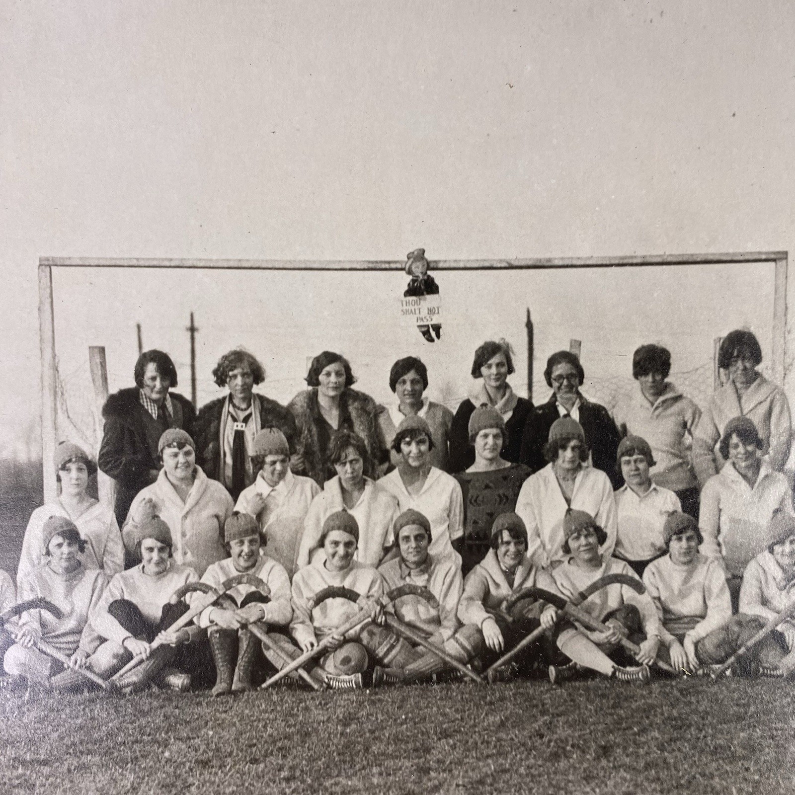 Vintage Girls Field Hockey Team Photo Mascot Weird Doll Old Female Sports Photo