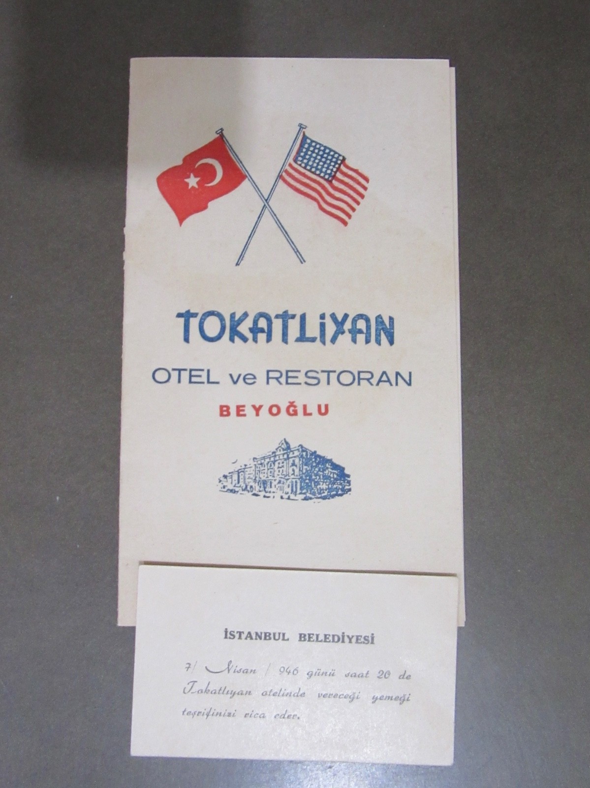 April 7 1946 Tokatliyan Hotel Turkey, Istanbul Historical Invitation & Menu April 7 1946 Tokatliyan Hotel Turkey, Istanbul Historical Invitation & Menu