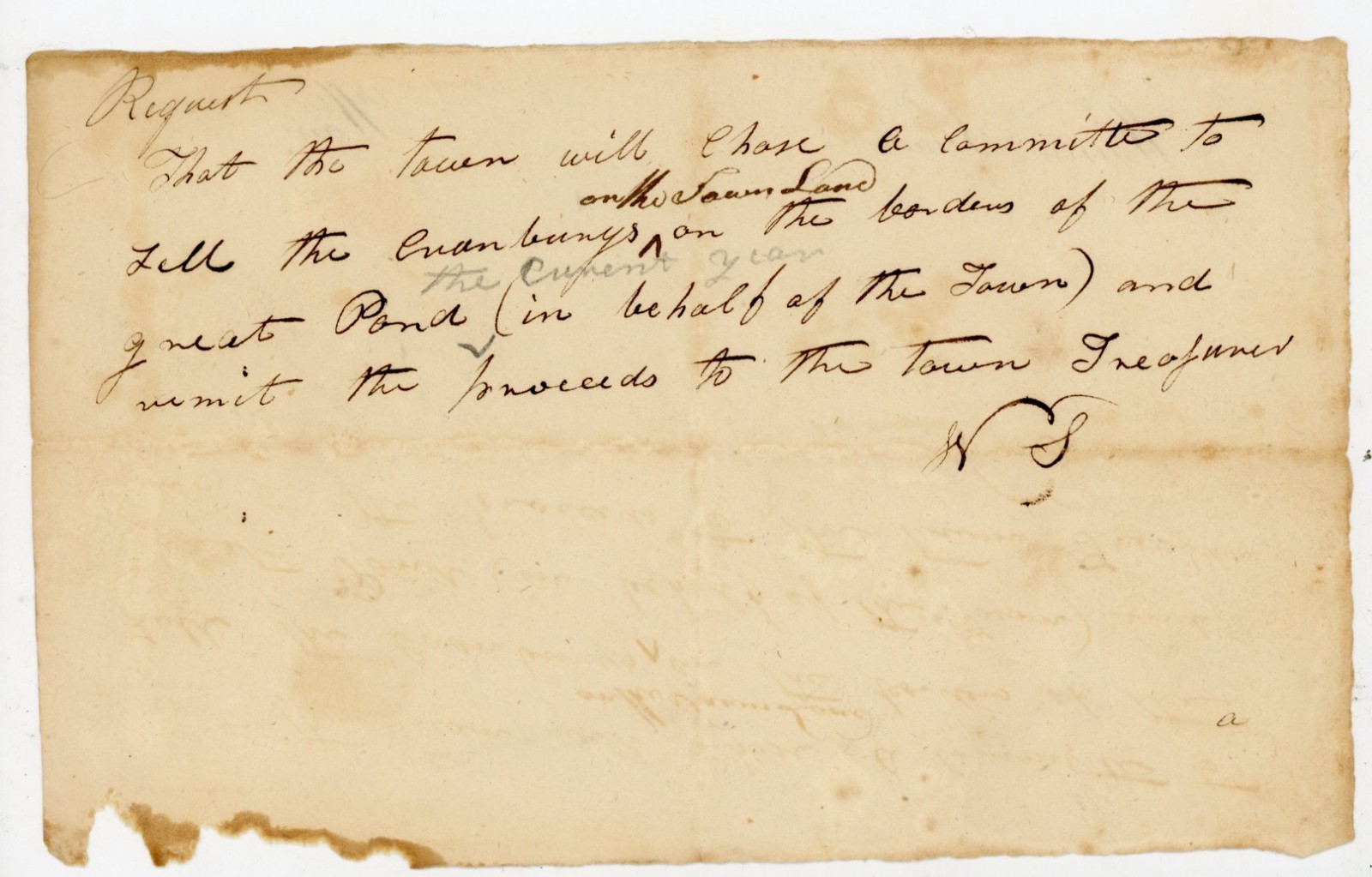 Early 1800s Town Request to Sell Cranberries Great Pond New England Manuscript