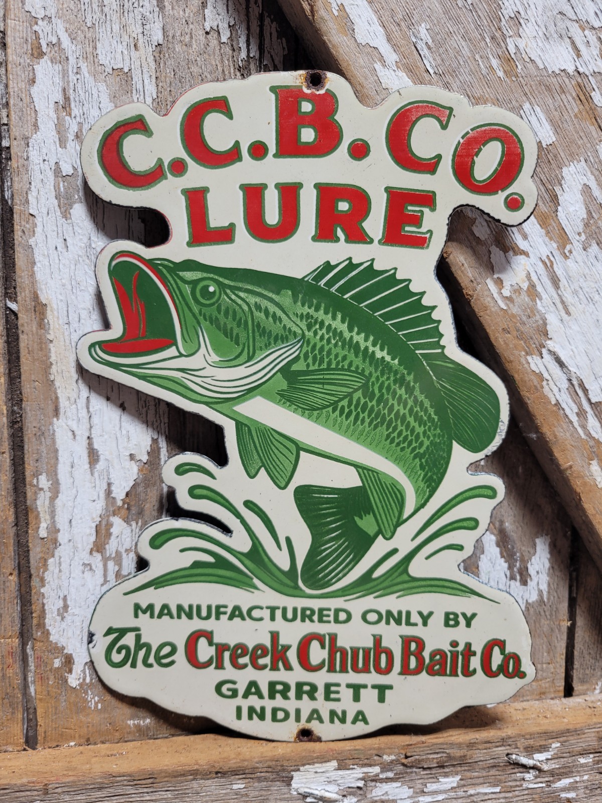 VINTAGE CREEK CHUB BAIT CO. PORCELAIN SIGN OLD FISHING LURE TACKLE ROD REEL SHOP