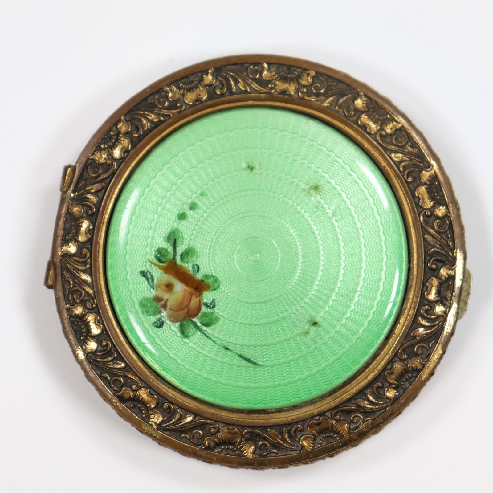 Vtg Guilloche Enamel Compact with Mirror Green Roses Floral 1930s Evans Mayfair