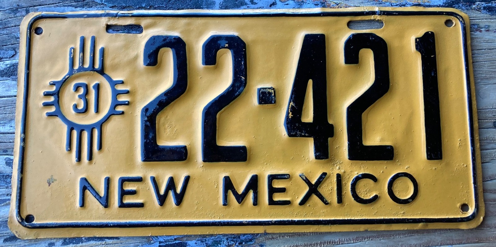 HARDER TO FIND 1931 NEW MEXICO LICENSE PLATE, 22 421, REPAINTED & SPLIT SLOTS HARDER TO FIND 1931 NEW MEXICO LICENSE PLATE, 22 421, REPAINTED & SPLIT SLOTS