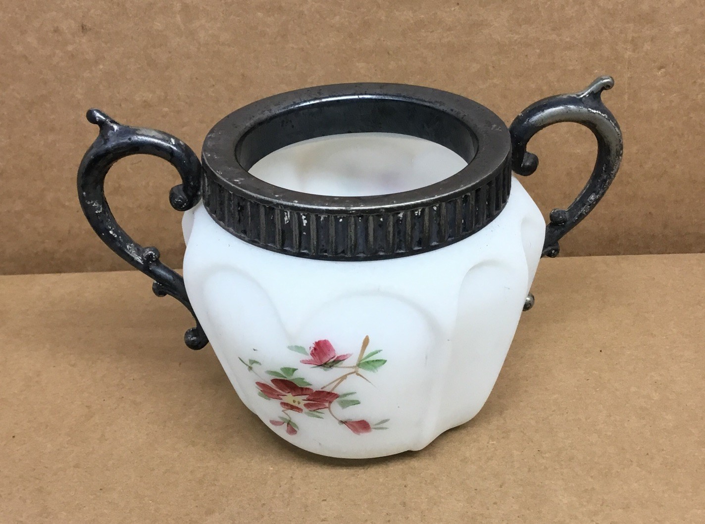 VTG Victorian Hand Painted Satin Glass Sugar Silver Plate Rim & Handles ‘’As Is VTG Victorian Hand Painted Satin Glass Sugar Silver Plate Rim & Handles ‘’As Is