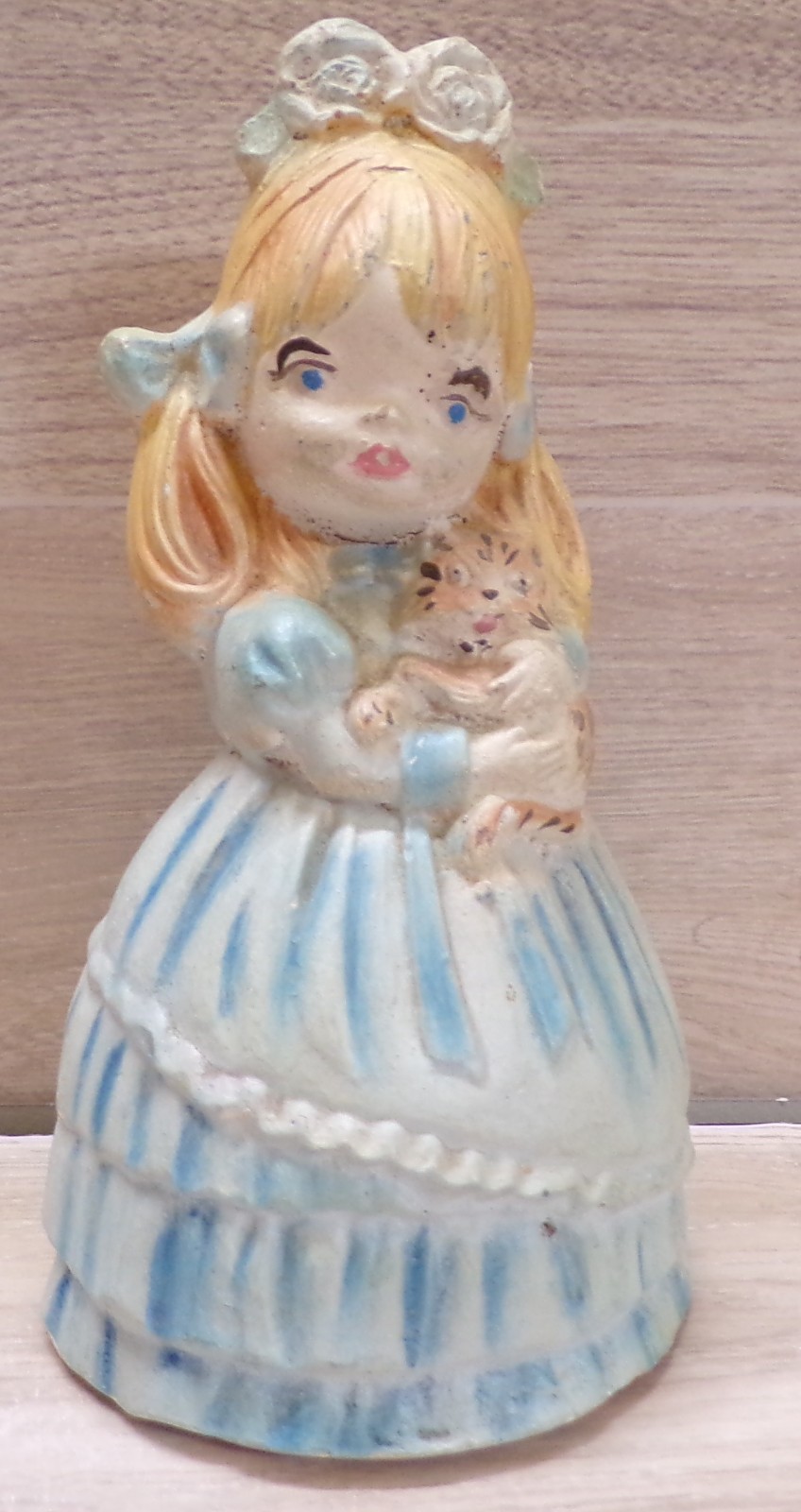 VTG CHALKWARE GIRL HOLDING CAT FIGURINE PLASTER STATUE PAINTED BLUE 1970\'S VTG CHALKWARE GIRL HOLDING CAT FIGURINE PLASTER STATUE PAINTED BLUE 1970\'S