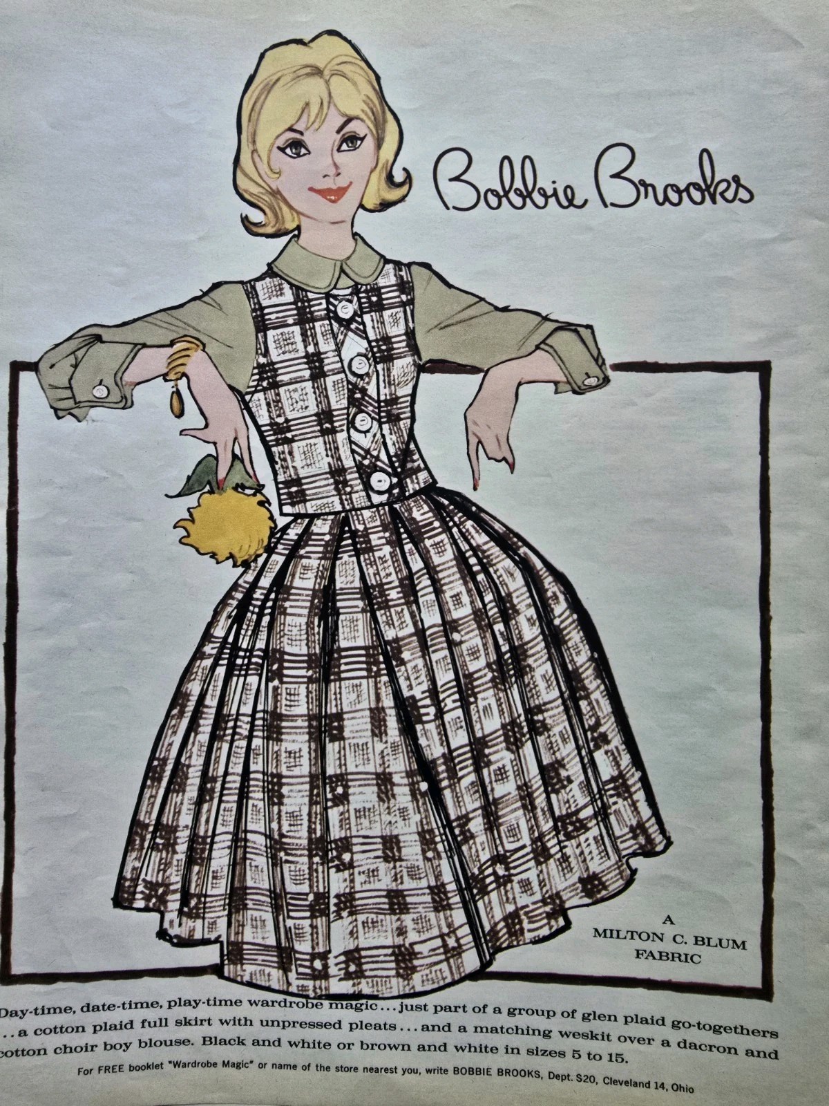 1960 Women\'s Bobbie Brooks  Blum Fabric Plaid Dress Vintage Fashion art Ad 
