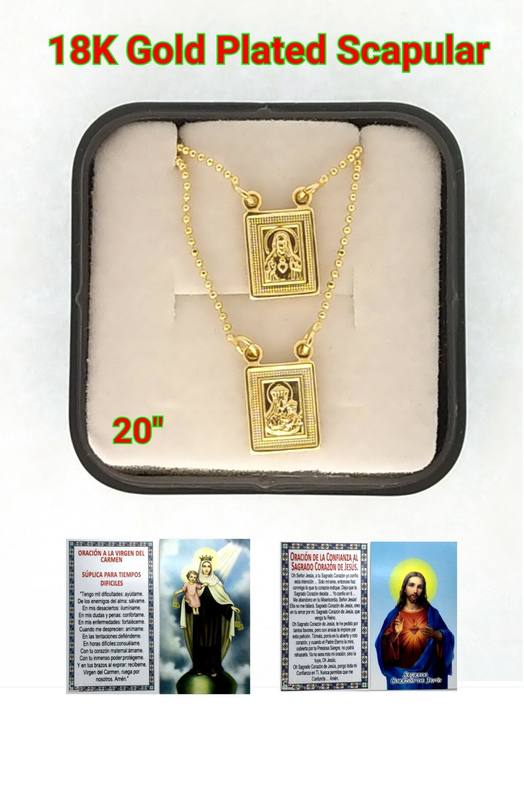 14k Gold Plated Our Lady Mt Carmel & Sacred Heart Jesus  Scapular Necklace 