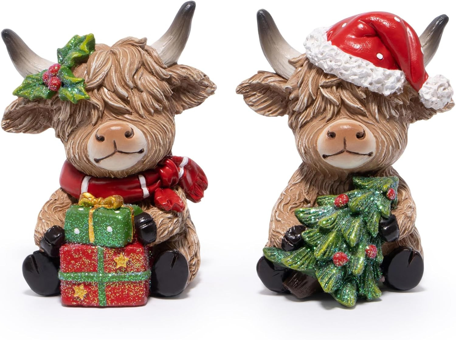2PCS Christmas Highland Cow Figurines, Xmas Holiday Mantel Decor