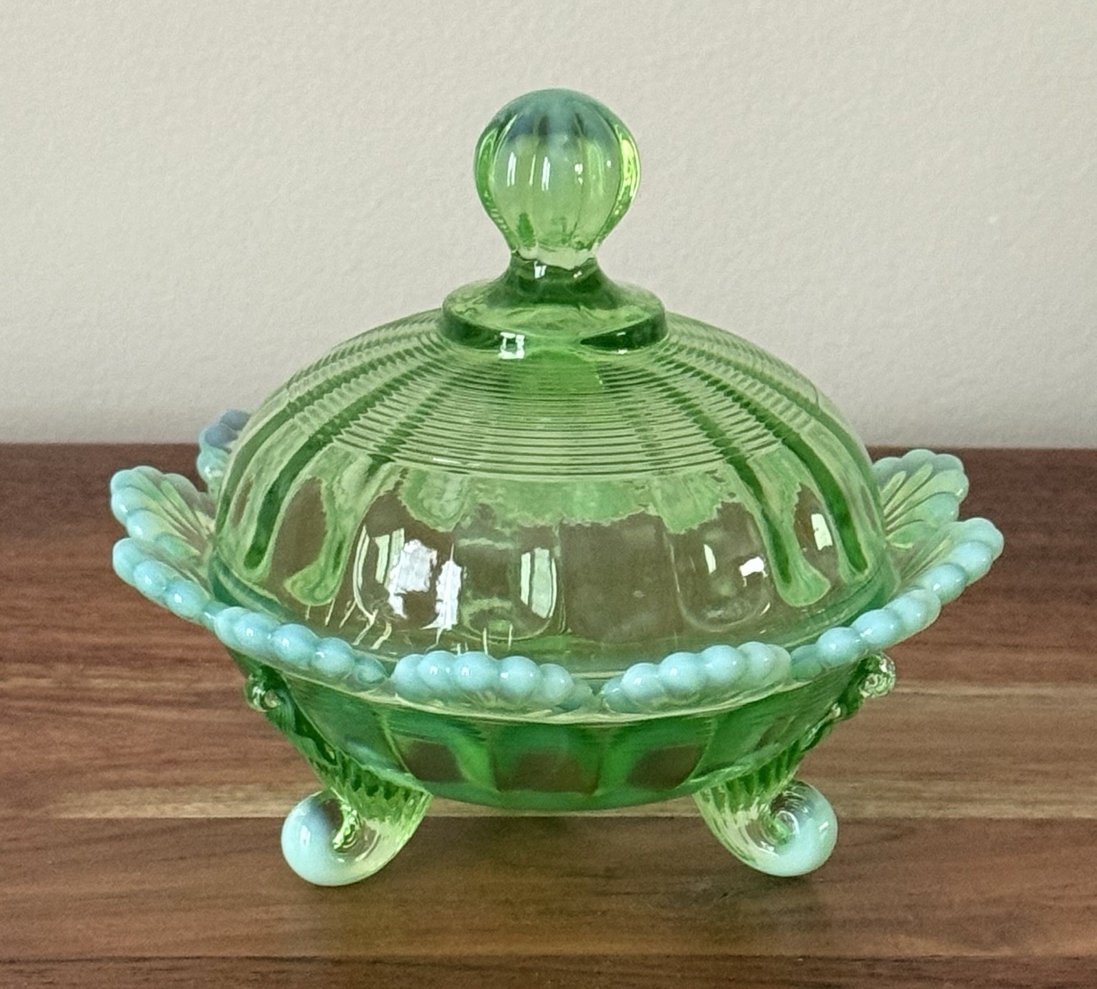 Mosser Glass - COVERED FOOTED CANDY DISH - GREEN OPAL - 5 Mosser Glass - COVERED FOOTED CANDY DISH - GREEN OPAL - 5