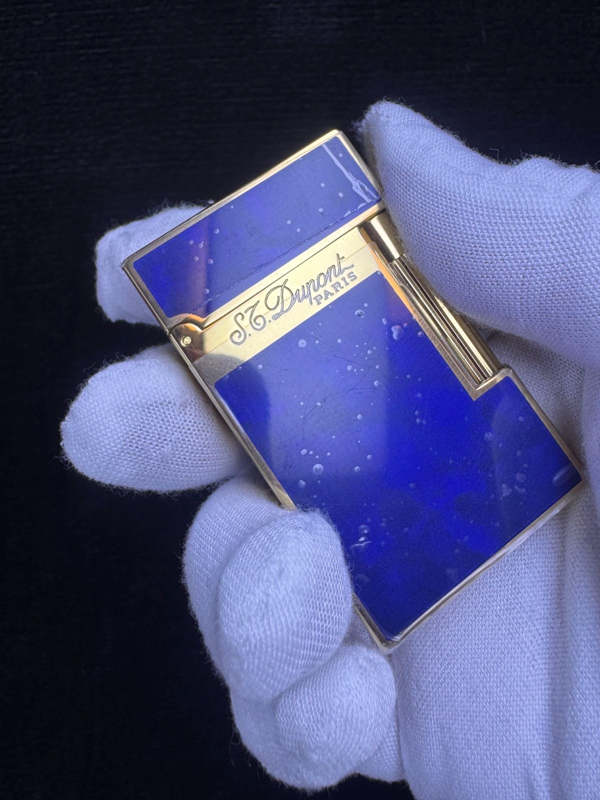 S.T. Dupont Blue Painted Gold Double Flame Lighter With Gift Box S.T. Dupont Blue Painted Gold Double Flame Lighter With Gift Box