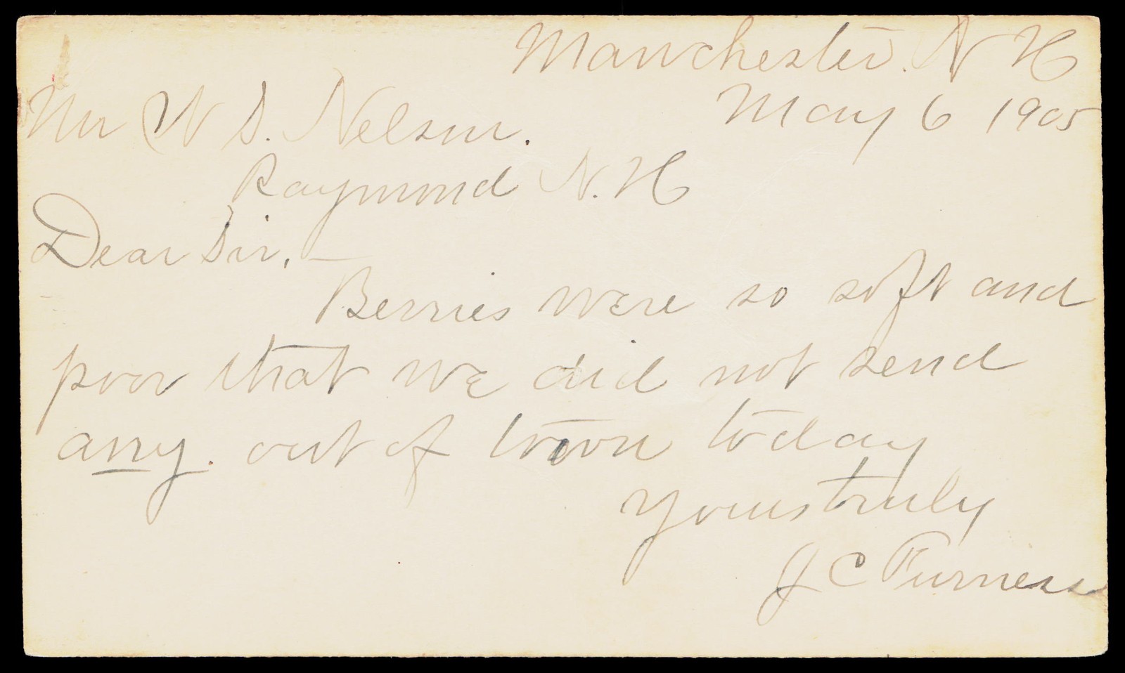 1905 Manchester Raymond NH J.C. Furness Berry Trade McKinley 1c Postal Card