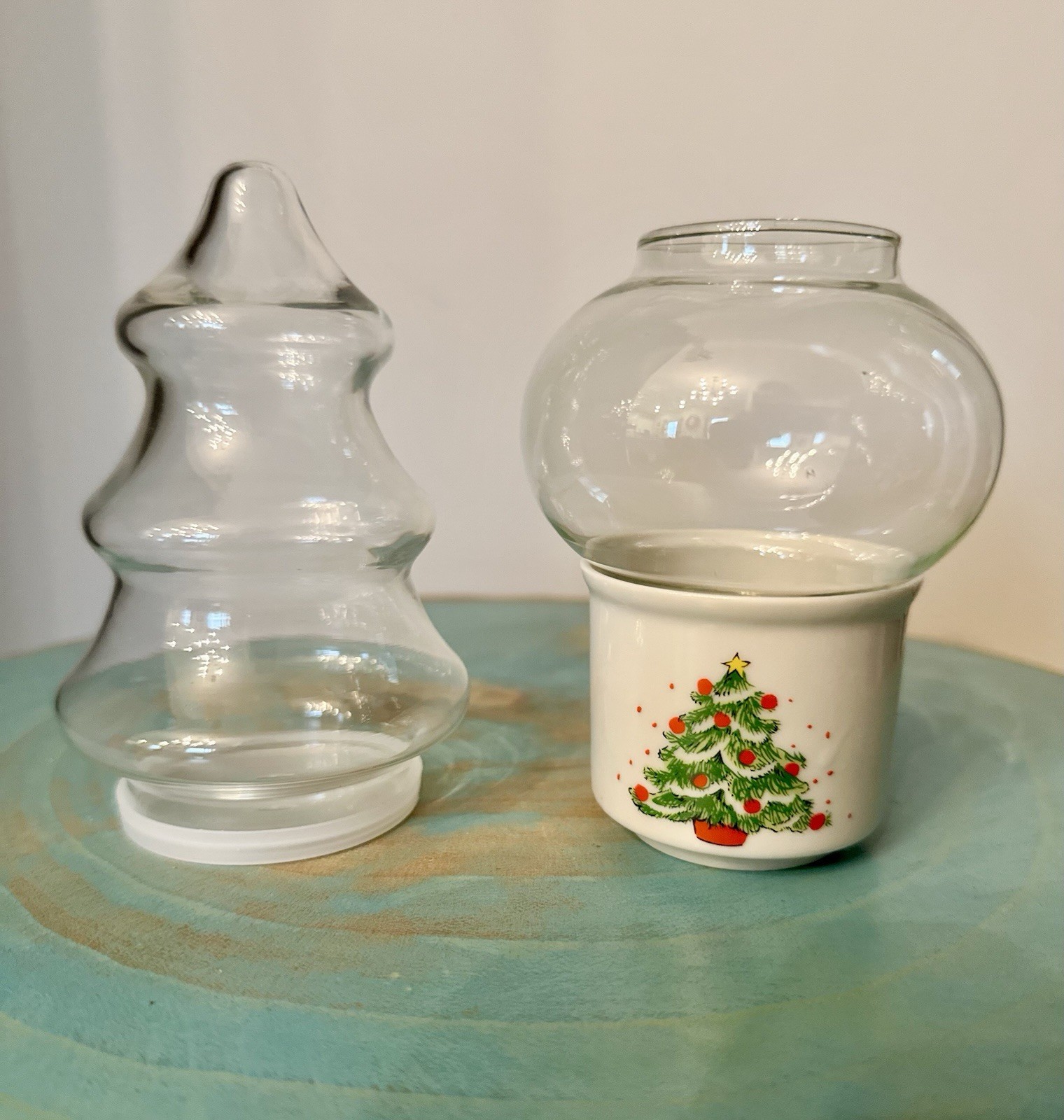 VTG Glass Christmas Tree Candy Jar Terrarium & Mini Christmas Tree Hurricane