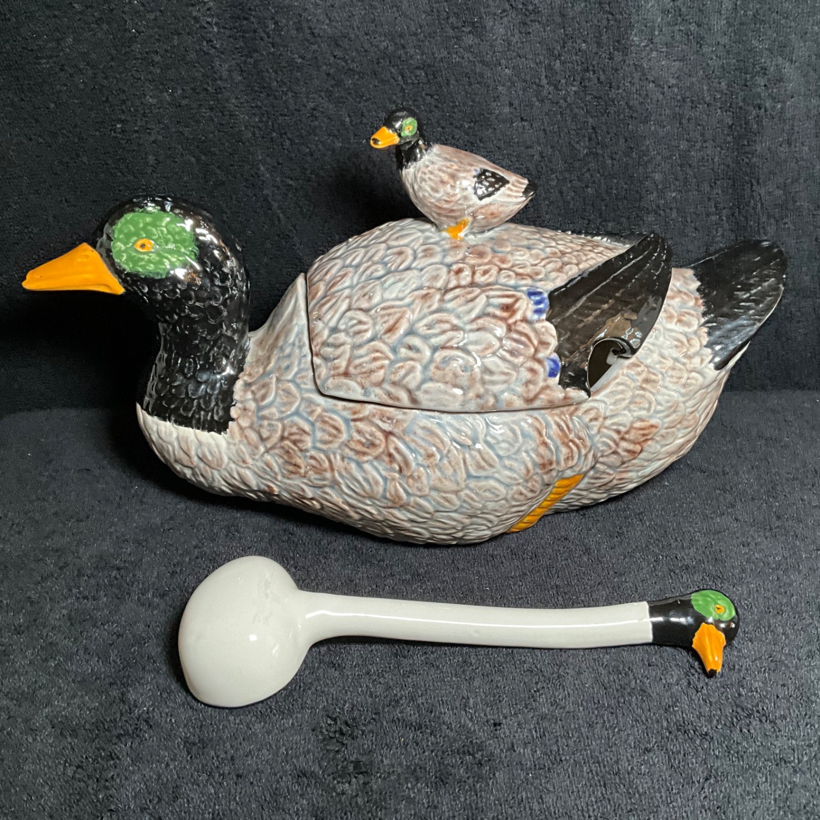 VTG Portuguese Majolica Palissy Ware Duck & Duckling Soup Tureen w/Serving Spoon