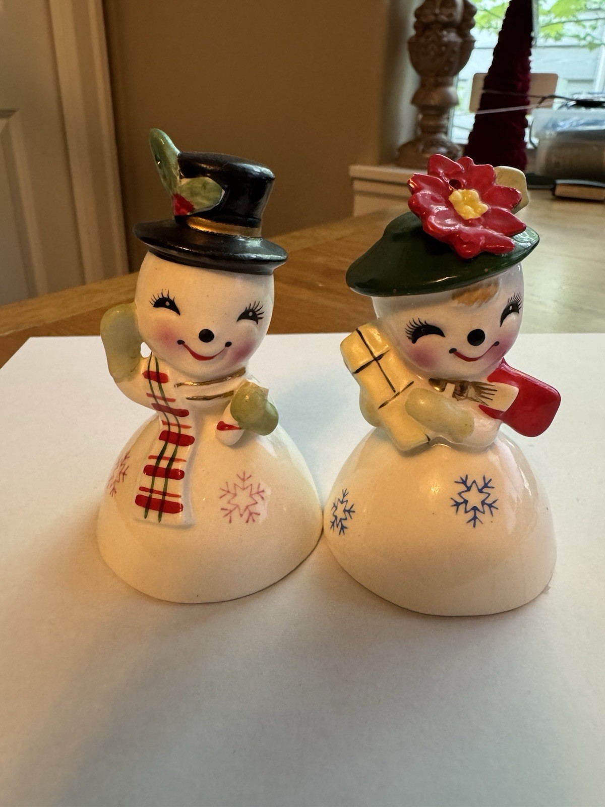 Vintage Lefton Ceramic Christmas Snowmen Bells, Pair