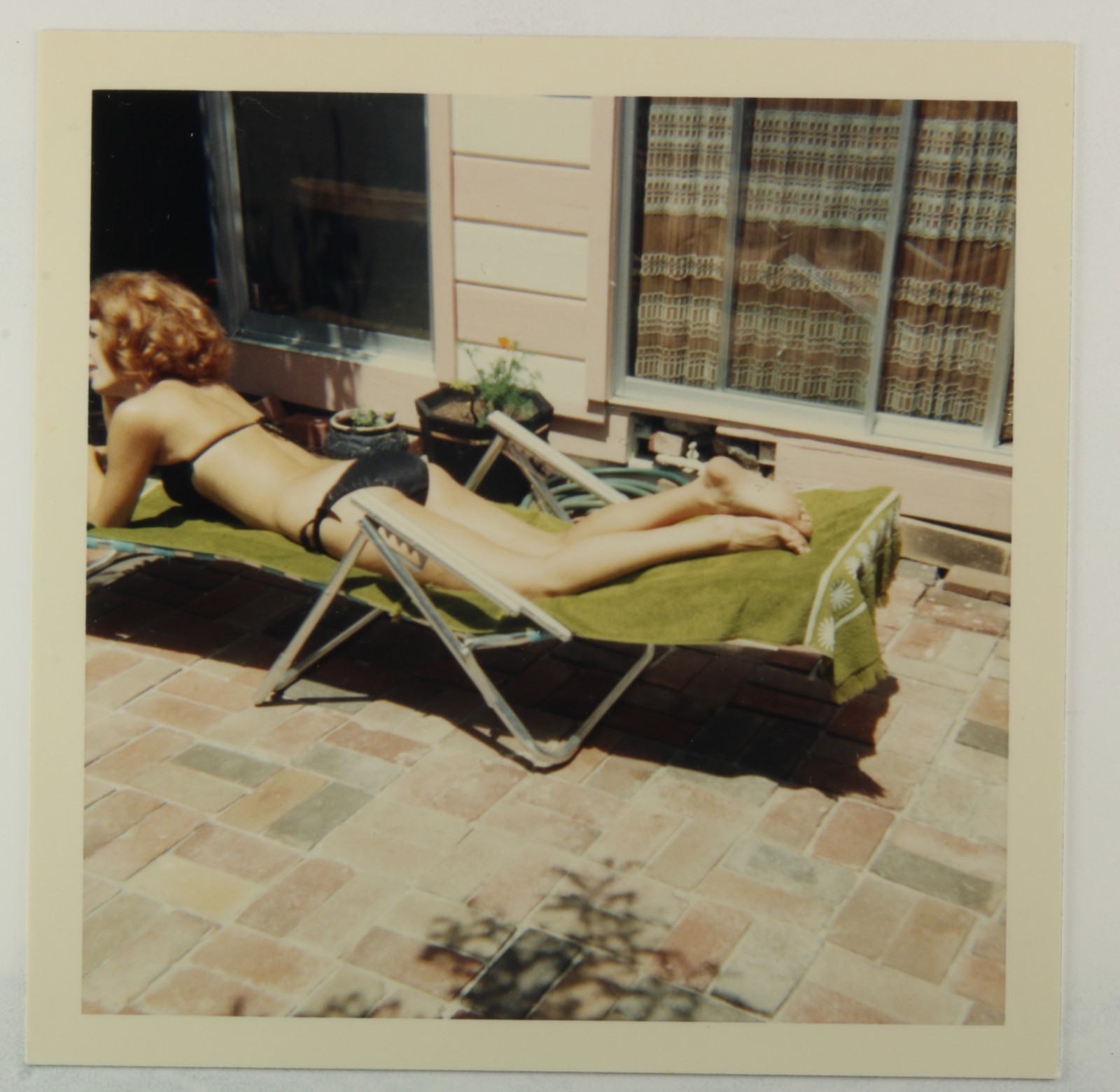 FOUND PHOTO Sexy Redhead in bikini sunbathing  vintage 1968