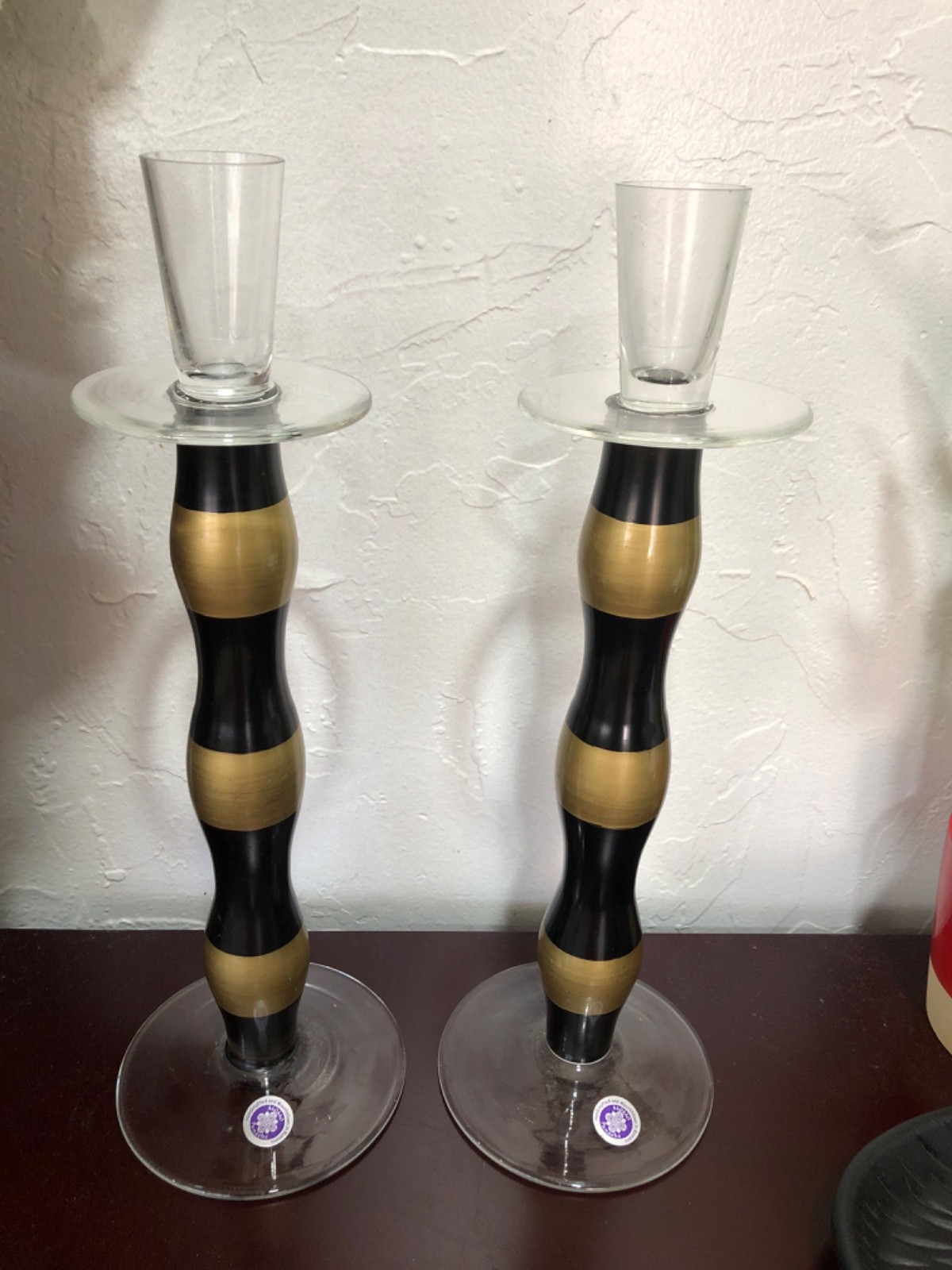 VTG.MOMO PANACHE hand blown Romanian holder set of 2 BLACK/GOLD Striped glass VTG.MOMO PANACHE hand blown Romanian holder set of 2 BLACK/GOLD Striped glass