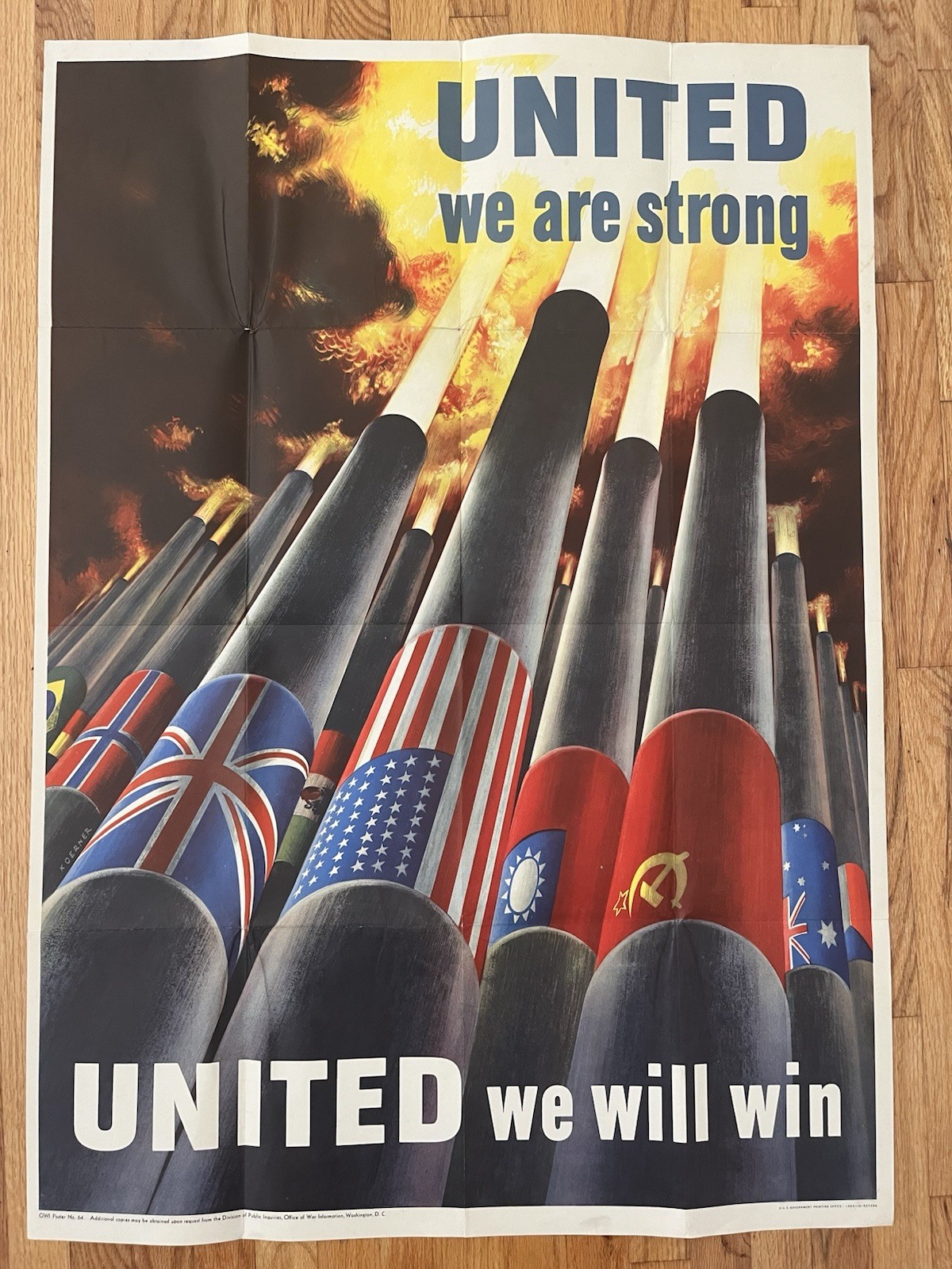 Original 1943 WWII Poster Henry Koerner United We Are Strong OWI 64 28x40 Large