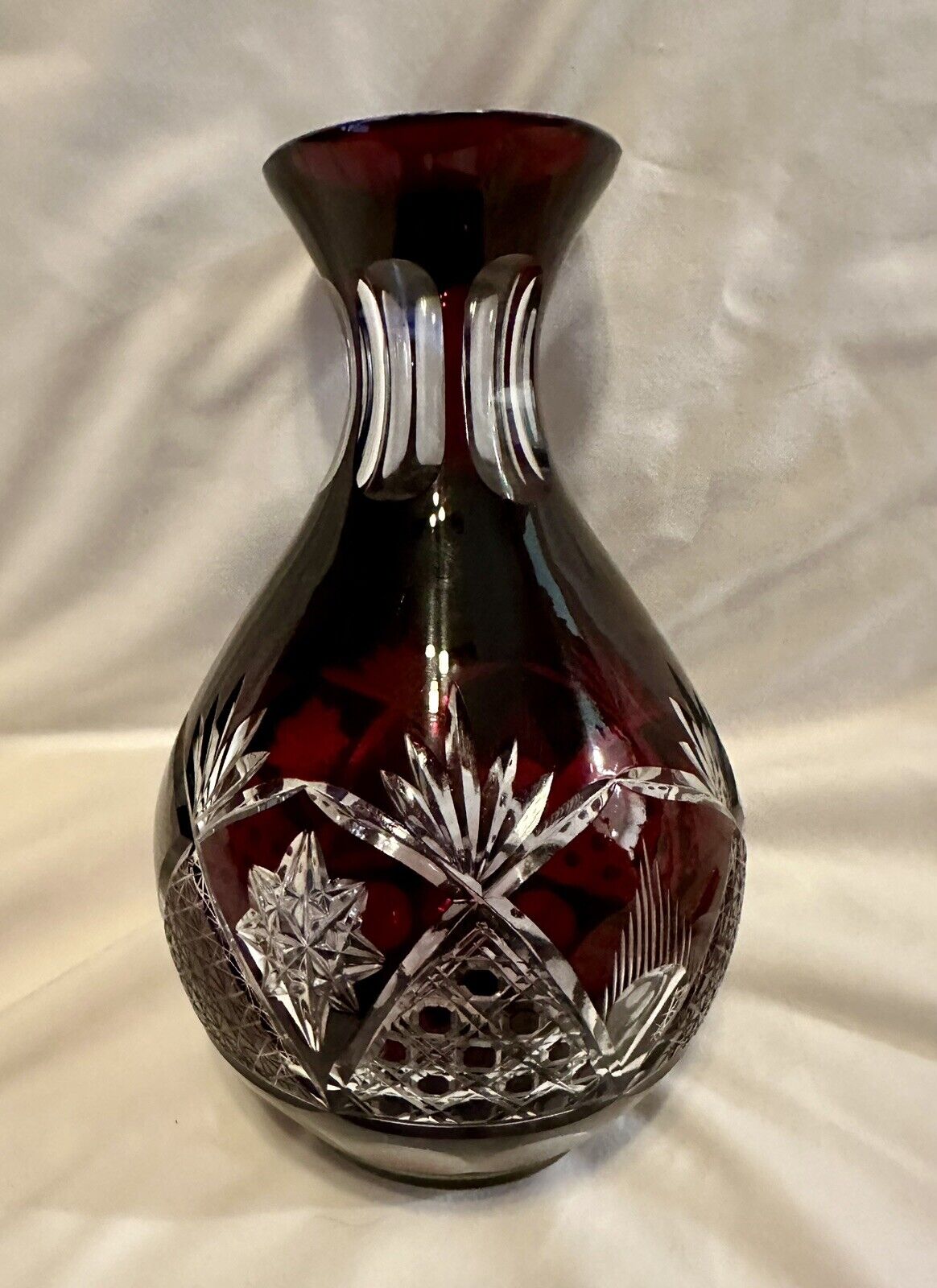 Vintage Bohemian Cranberry Ruby Crystal Cut To Clear Vase 8”