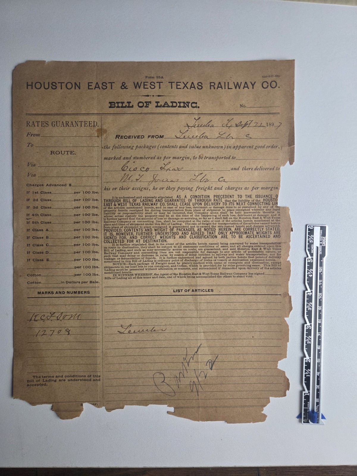 1897 Houston East & West Texas Railway Bill of Lading Lumber Railroad Document