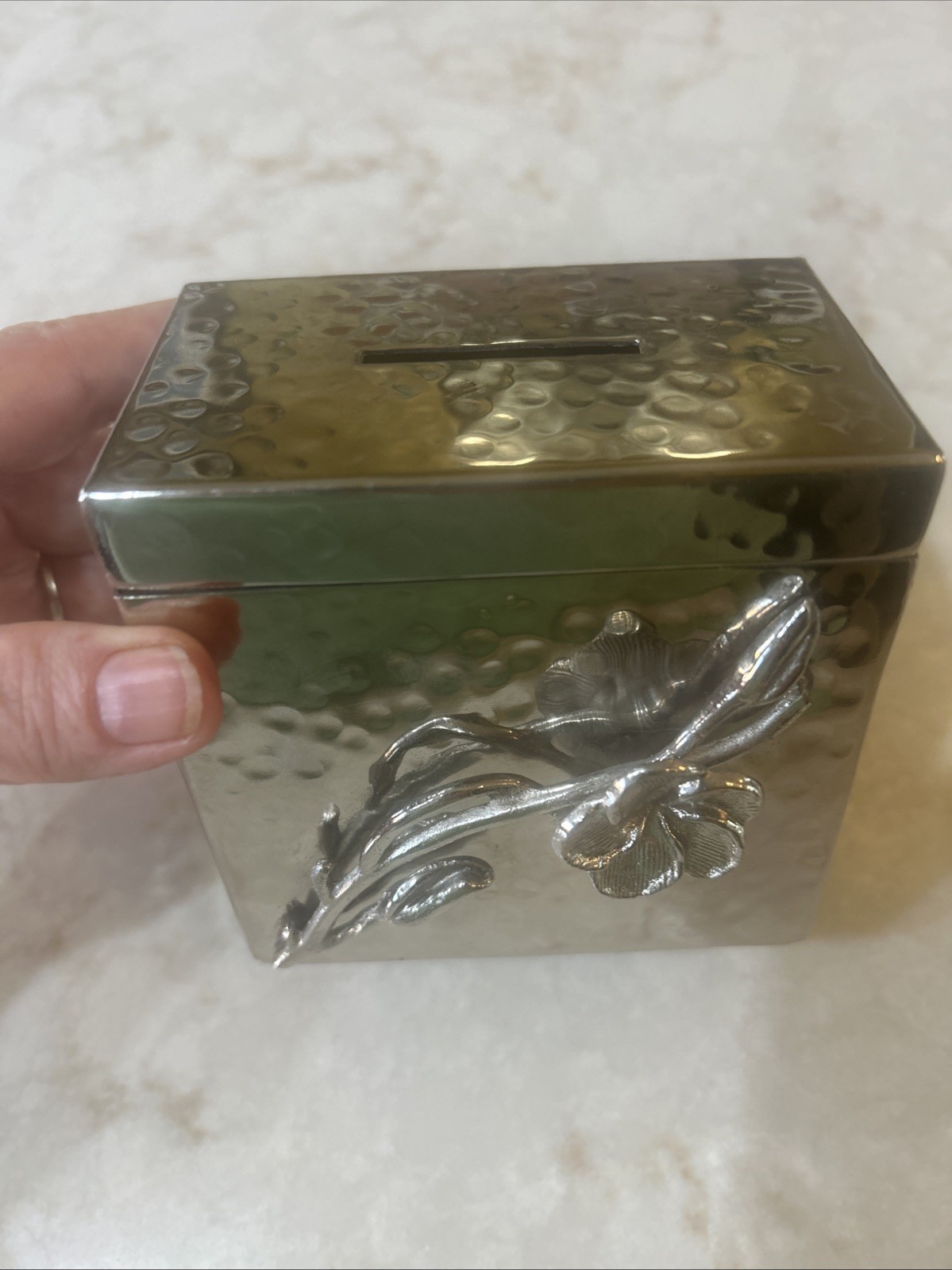 Hammered Metal Silver Tzedakah Box Bank Flower 4”H x 4”W x 2.5”L