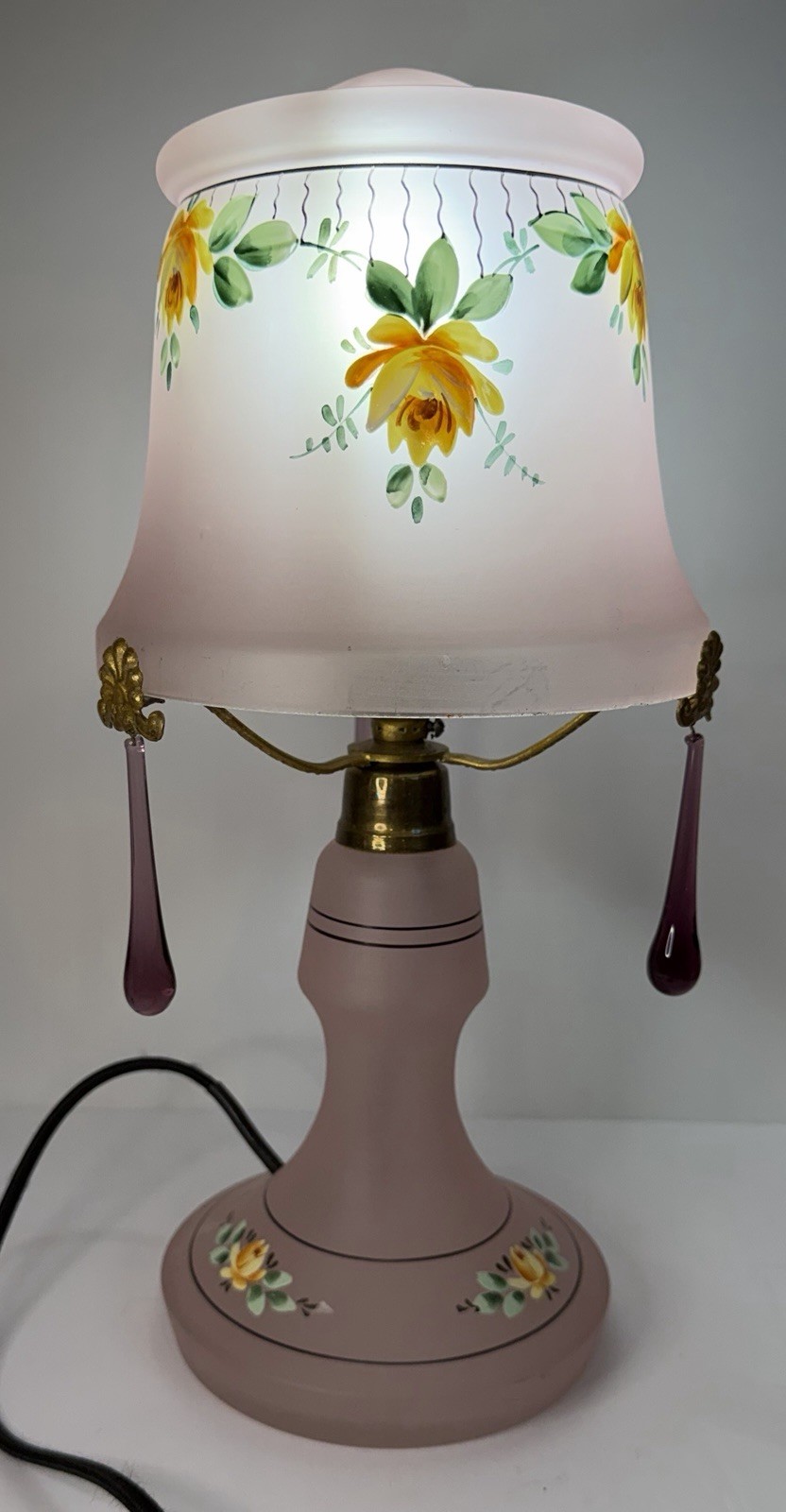 Antique Czech Pink Purple Frosted Satin Art Glass Lamp Teardrop Handpainted READ Antique Czech Pink Purple Frosted Satin Art Glass Lamp Teardrop Handpainted READ