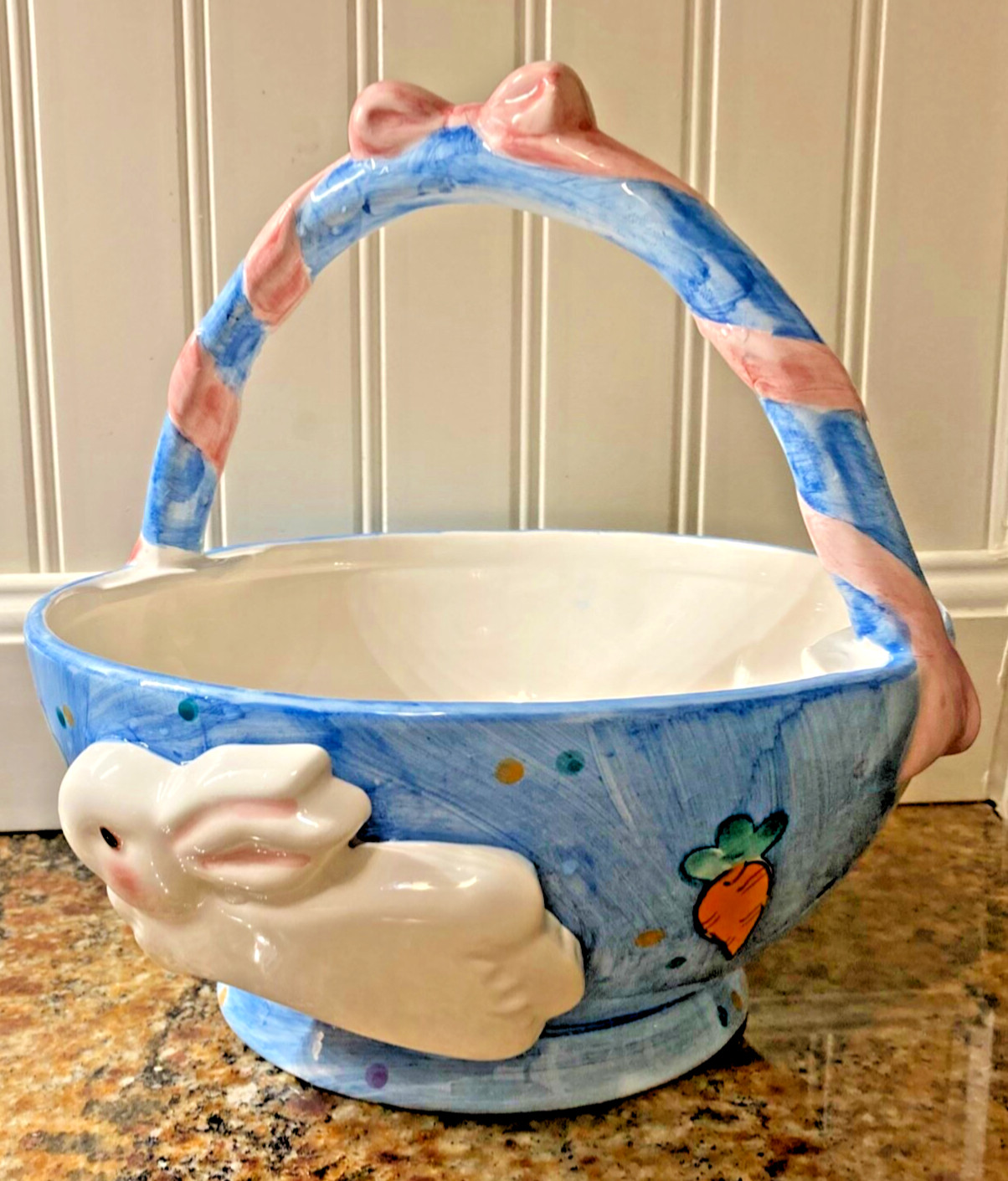 Ceramic Bunny Rabbit Basket with Carrot Designs 8. 5” Ceramic Bunny Rabbit Basket with Carrot Designs 8. 5”