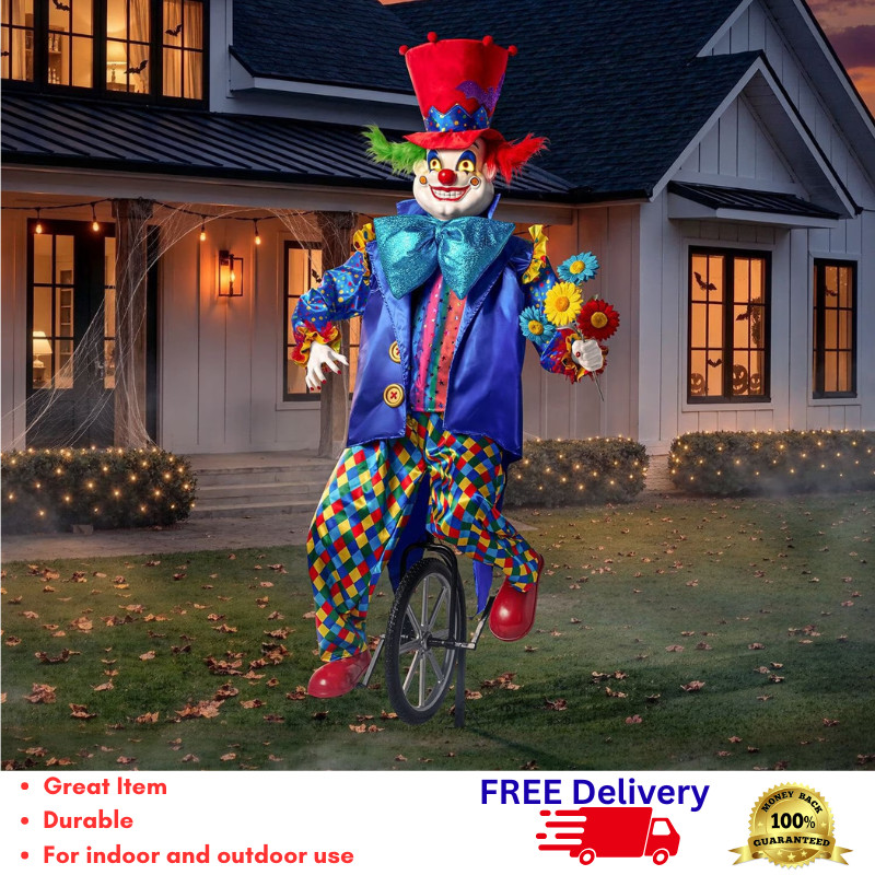 7\' Pre-Lit Animated Halloween Clown Prop Motion Activated Sound LED Yard Decor