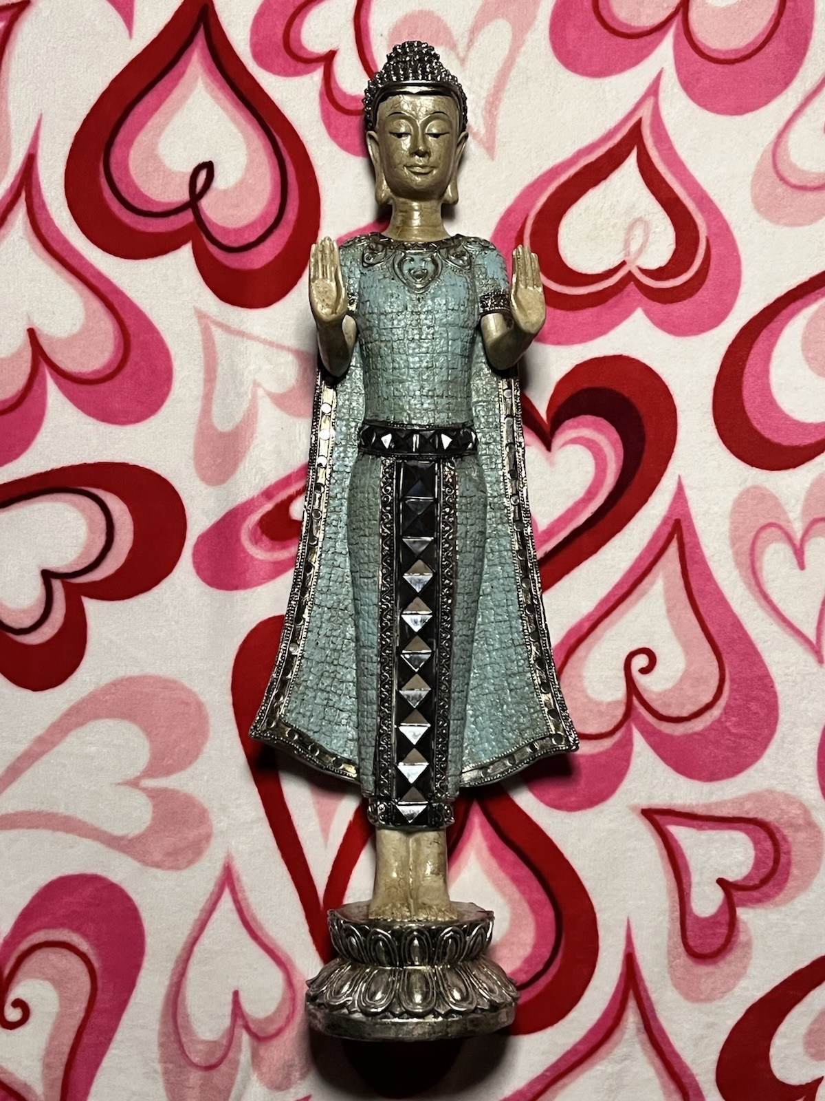 21” Standing Buddha Statue Turquoise Mosaic Mirror Accents Lotus Base Asian