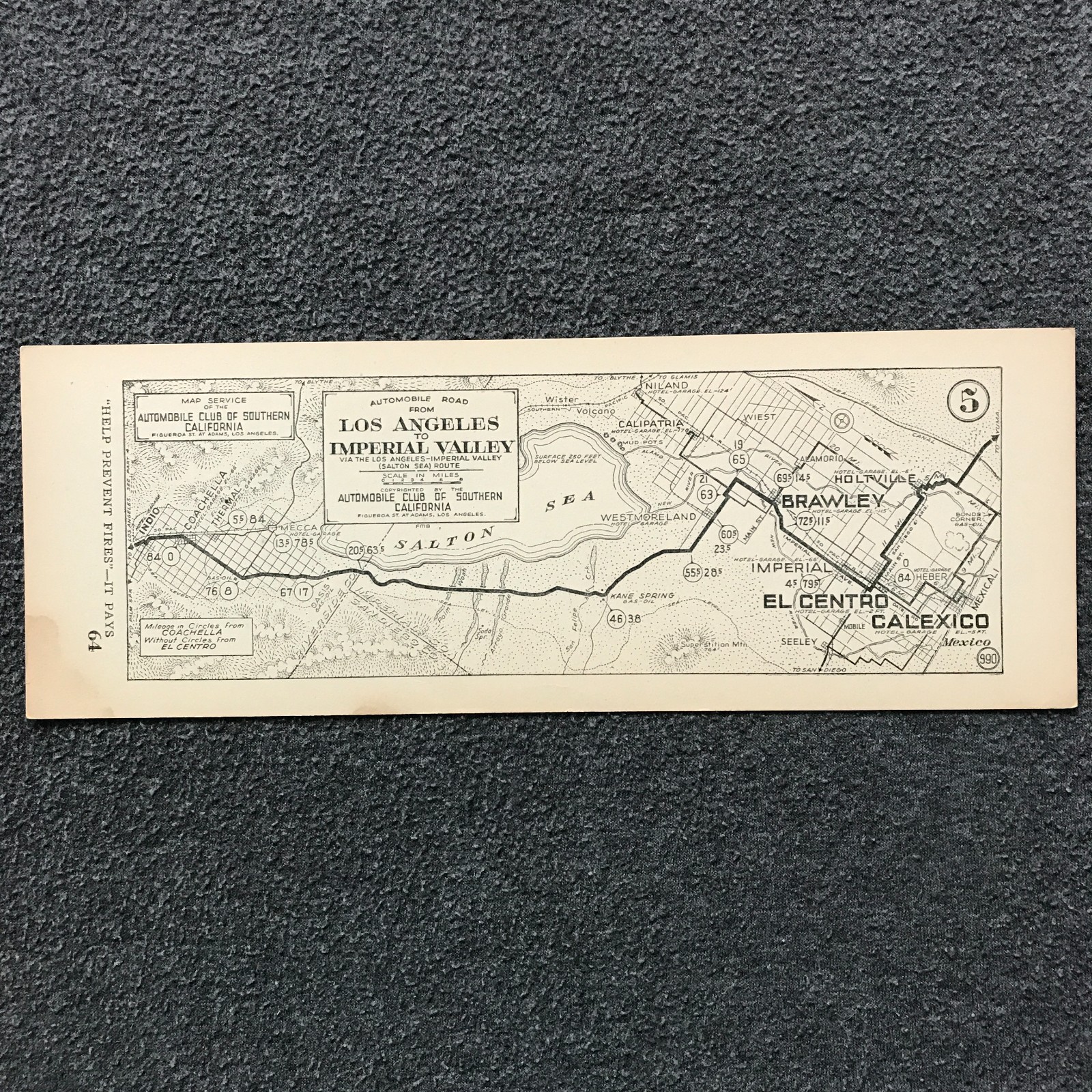c1915 AAA SoCal Strip Map Los Angeles to Imperial Valley Salton Sea Route #64 P5